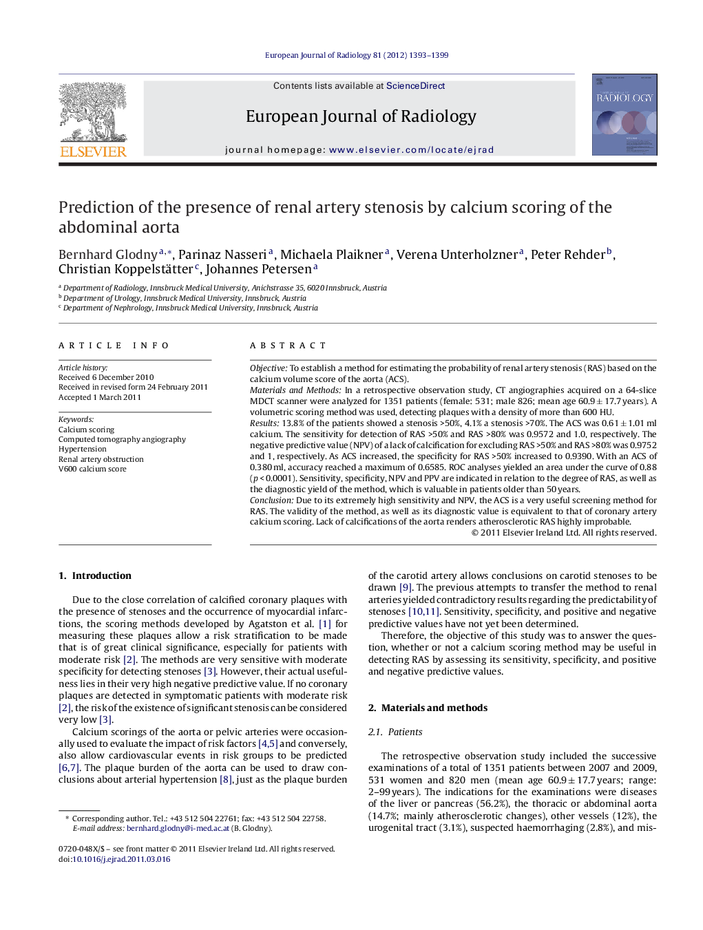 Prediction of the presence of renal artery stenosis by calcium scoring of the abdominal aorta