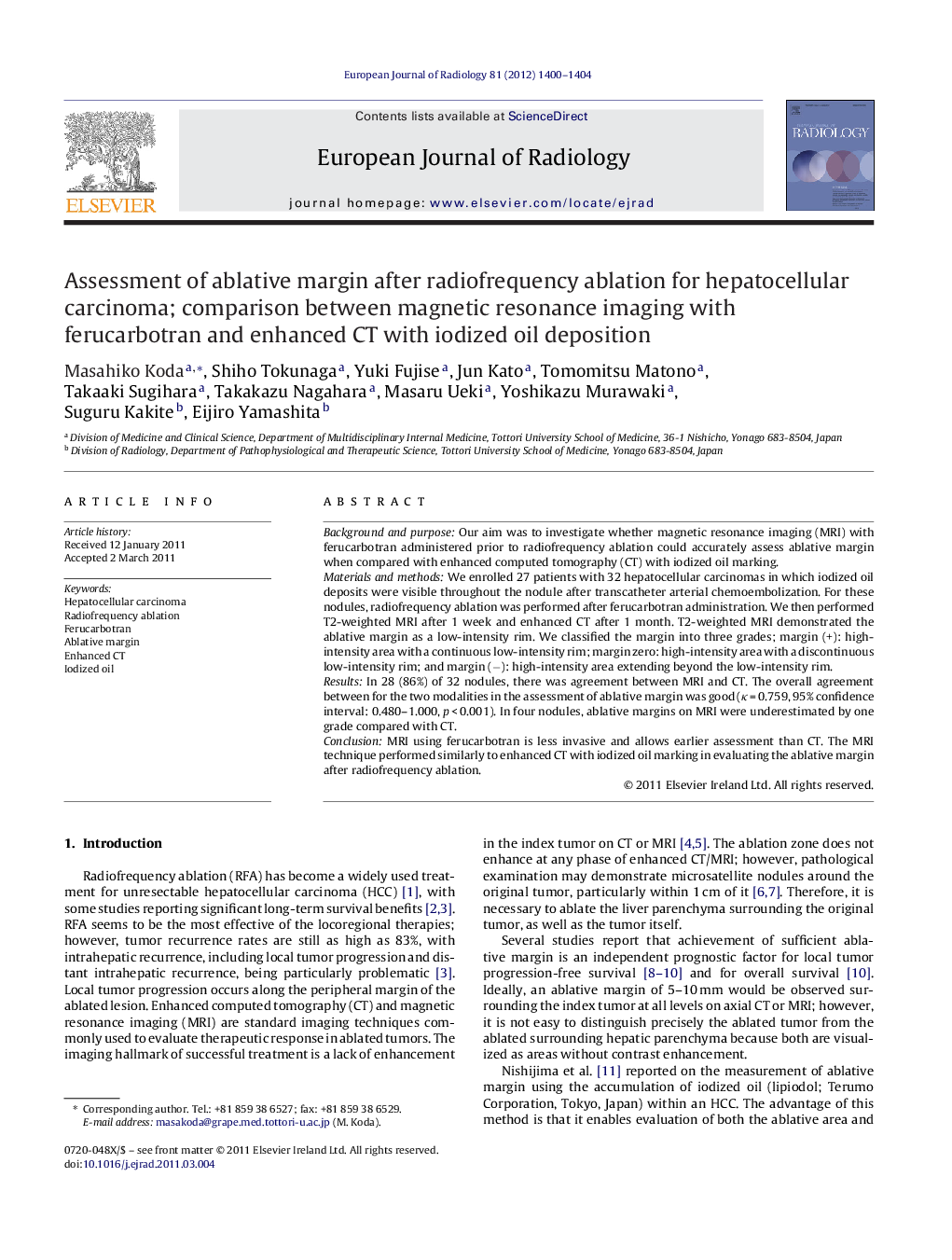 Assessment of ablative margin after radiofrequency ablation for hepatocellular carcinoma; comparison between magnetic resonance imaging with ferucarbotran and enhanced CT with iodized oil deposition