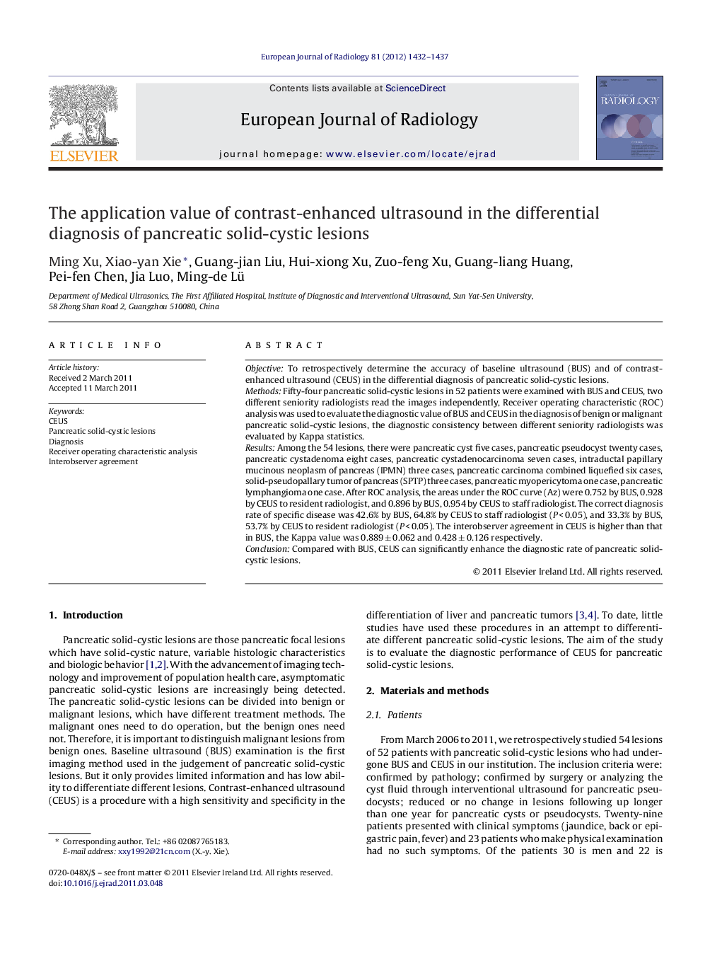 The application value of contrast-enhanced ultrasound in the differential diagnosis of pancreatic solid-cystic lesions