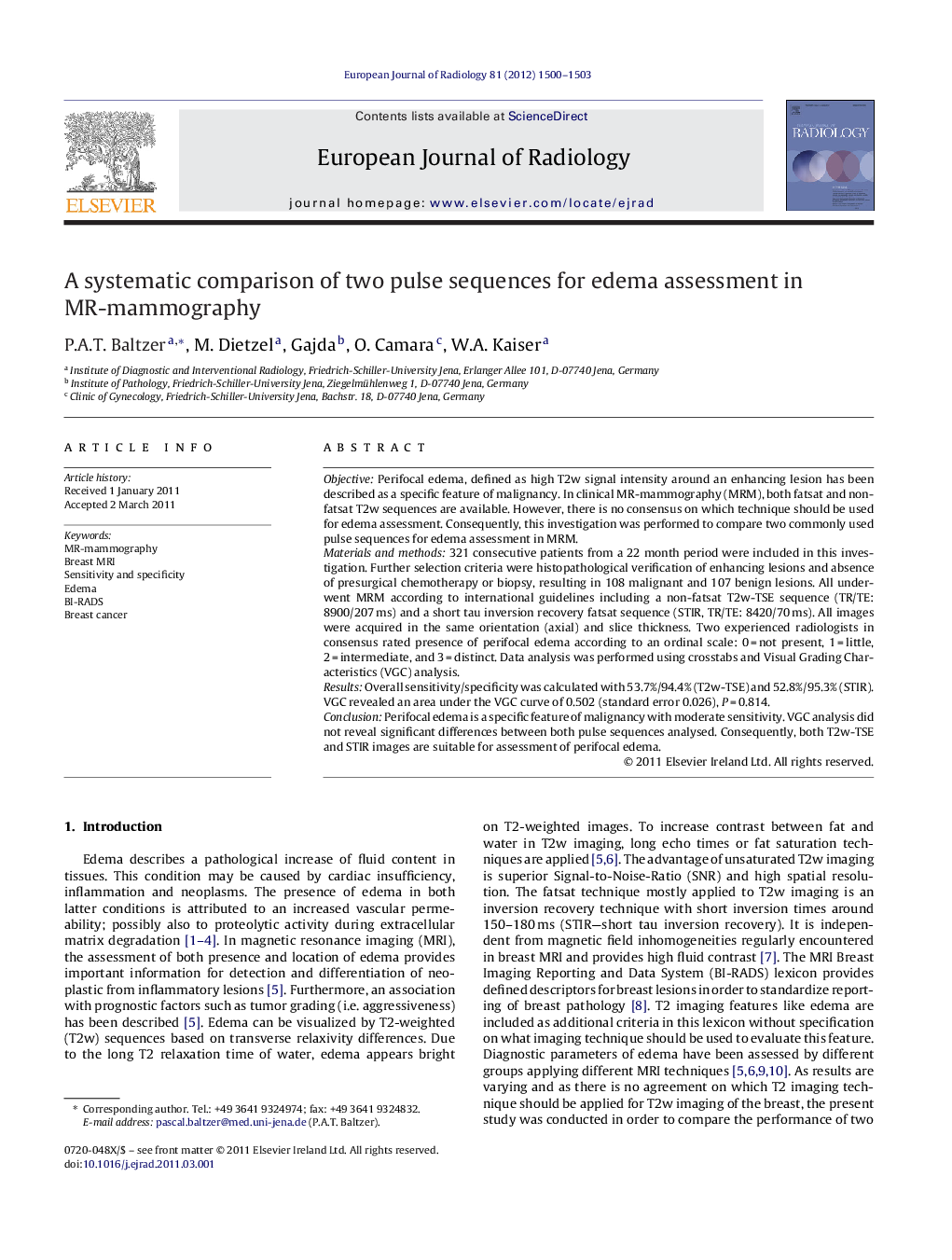 A systematic comparison of two pulse sequences for edema assessment in MR-mammography