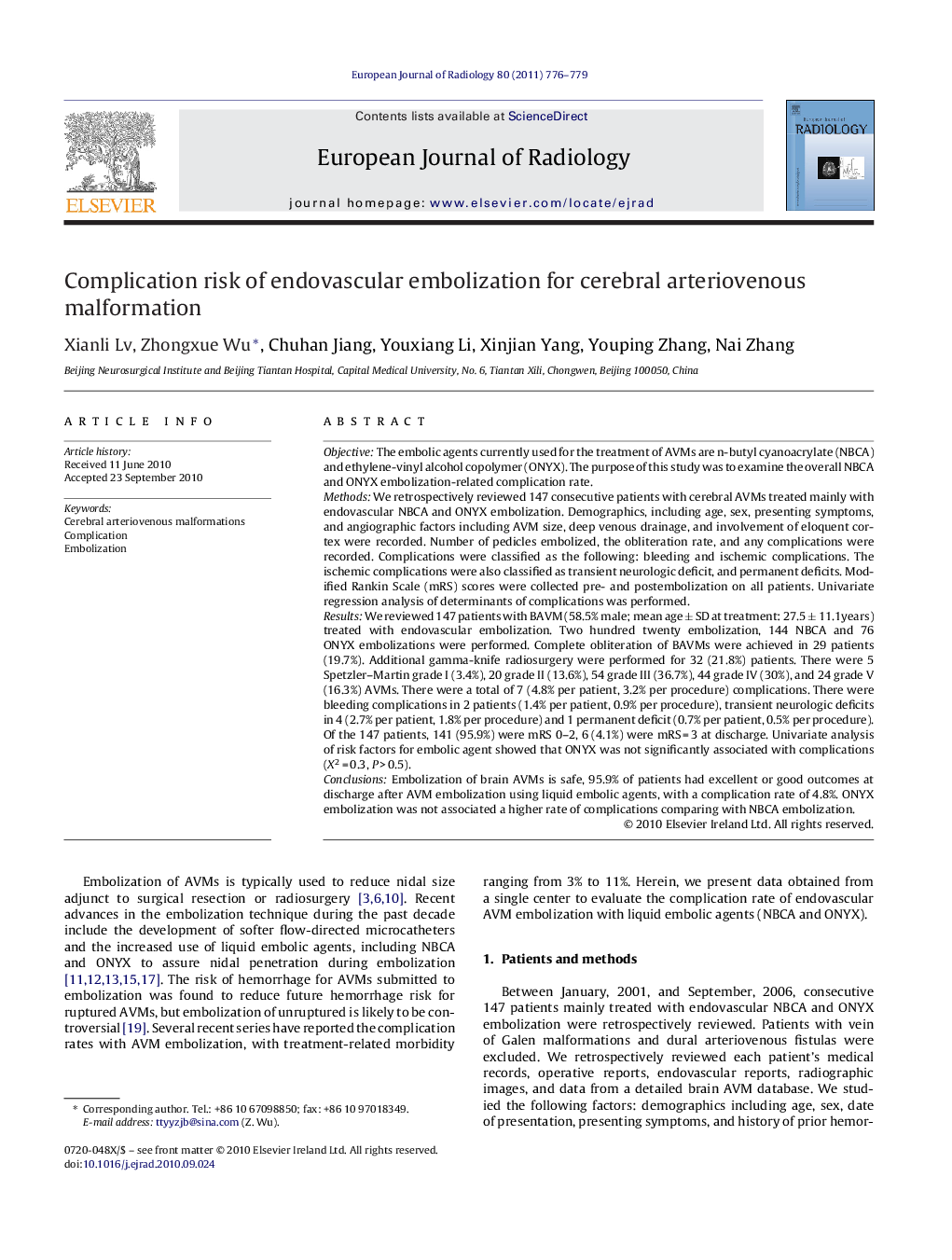 Complication risk of endovascular embolization for cerebral arteriovenous malformation