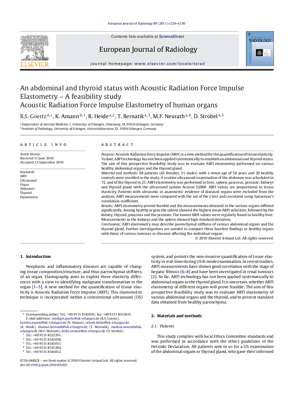 An abdominal and thyroid status with Acoustic Radiation Force Impulse Elastometry – A feasibility study: Acoustic Radiation Force Impulse Elastometry of human organs