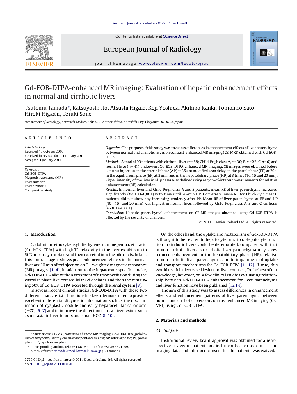 Gd-EOB-DTPA-enhanced MR imaging: Evaluation of hepatic enhancement effects in normal and cirrhotic livers