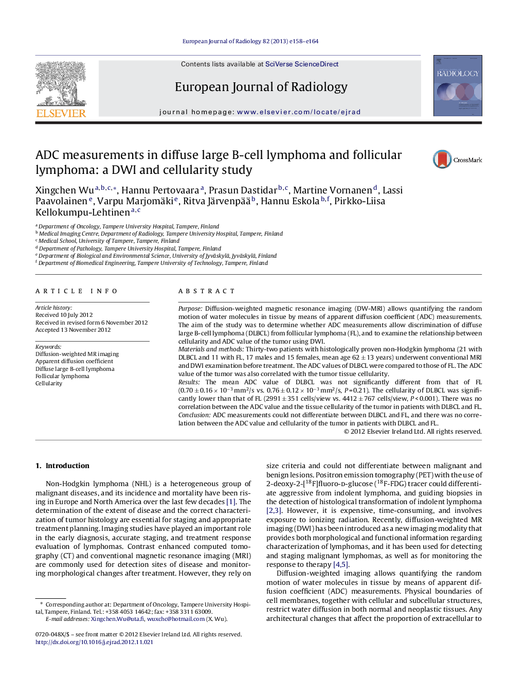 ADC measurements in diffuse large B-cell lymphoma and follicular lymphoma: a DWI and cellularity study