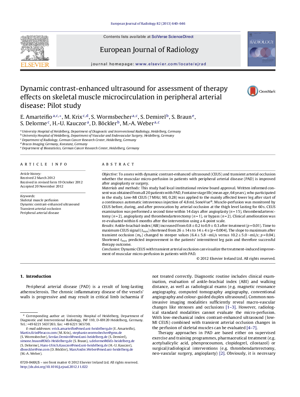 Dynamic contrast-enhanced ultrasound for assessment of therapy effects on skeletal muscle microcirculation in peripheral arterial disease: Pilot study