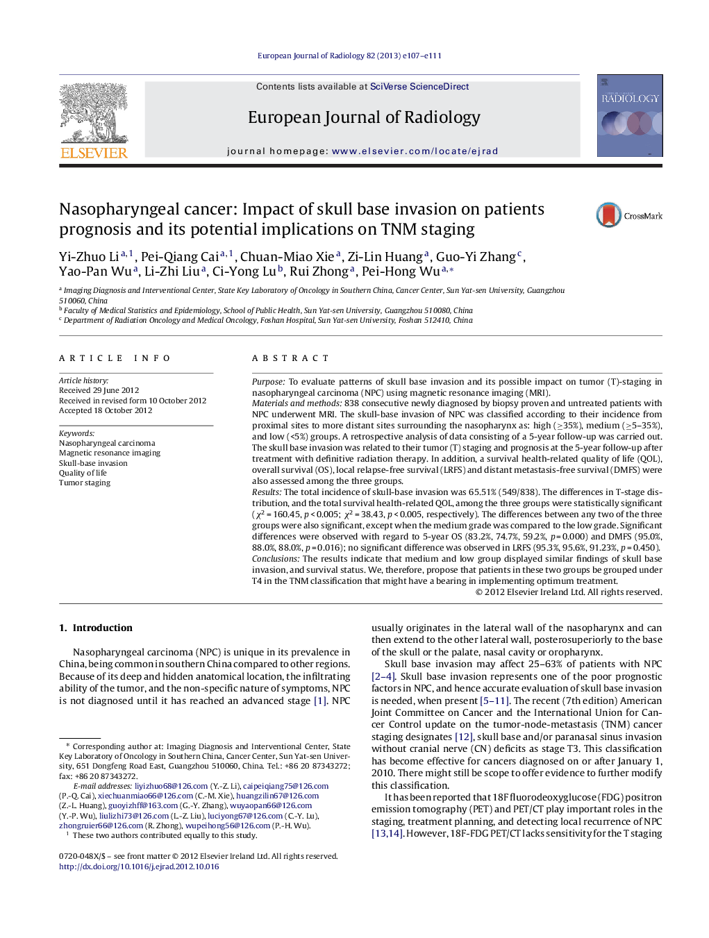 Nasopharyngeal cancer: Impact of skull base invasion on patients prognosis and its potential implications on TNM staging