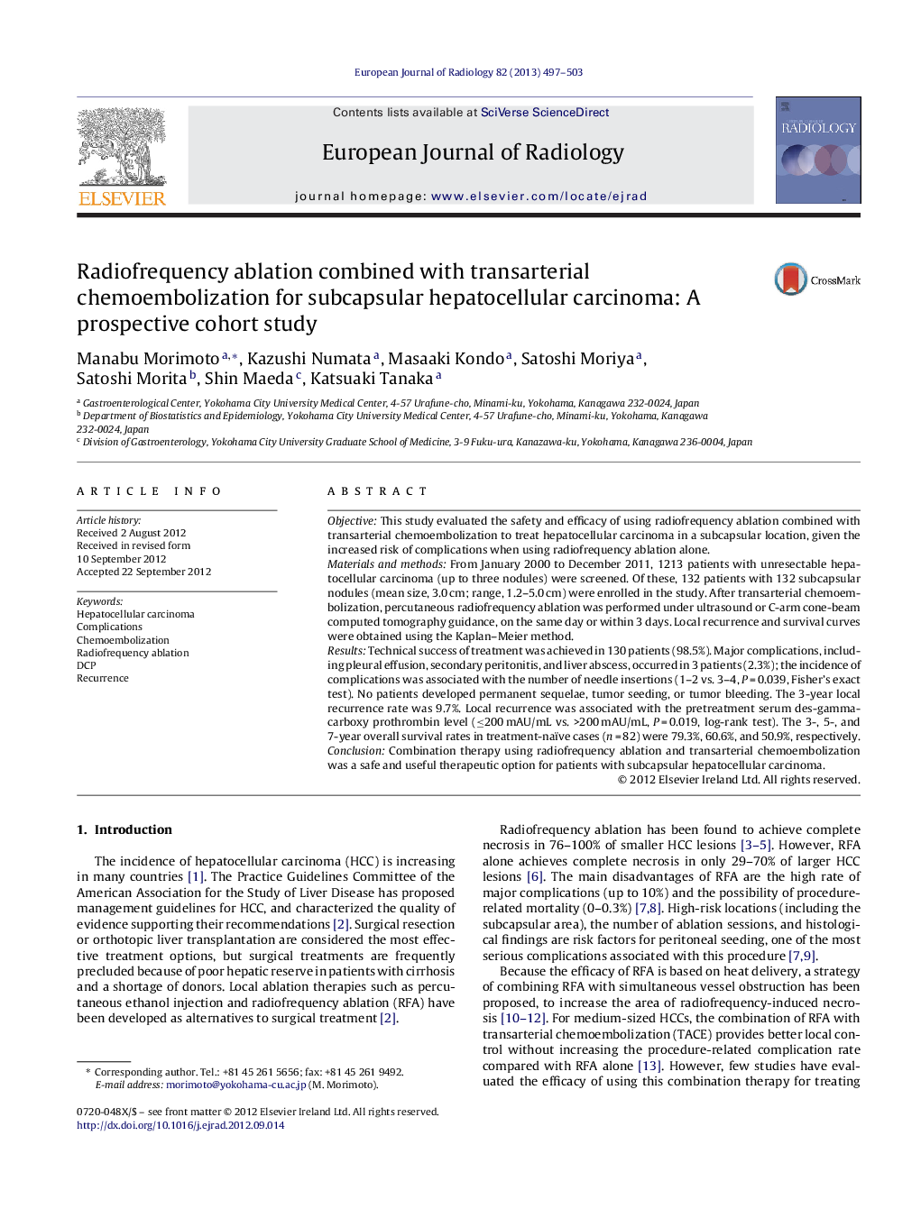 Radiofrequency ablation combined with transarterial chemoembolization for subcapsular hepatocellular carcinoma: A prospective cohort study