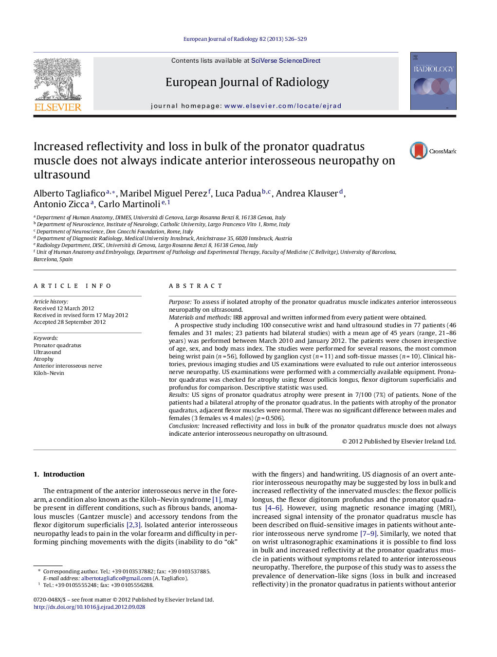 Increased reflectivity and loss in bulk of the pronator quadratus muscle does not always indicate anterior interosseous neuropathy on ultrasound