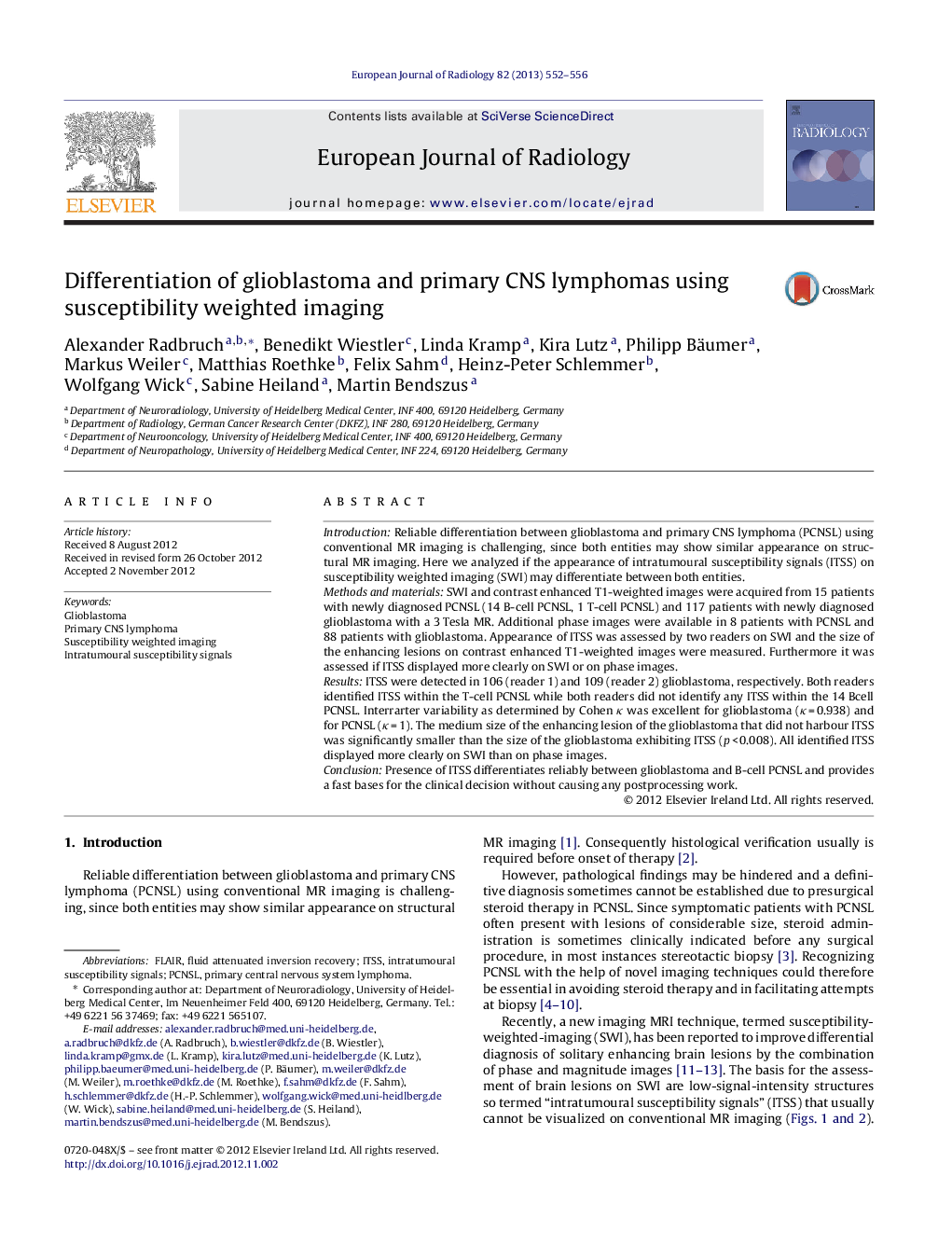 Differentiation of glioblastoma and primary CNS lymphomas using susceptibility weighted imaging