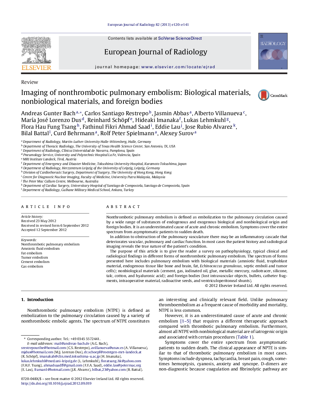 Imaging of nonthrombotic pulmonary embolism: Biological materials, nonbiological materials, and foreign bodies