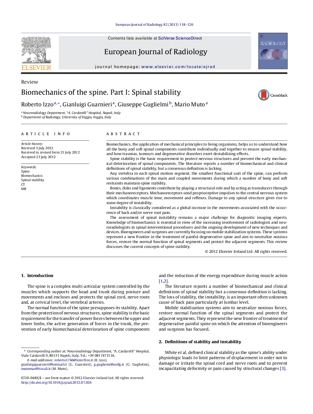 Biomechanics of the spine. Part I: Spinal stability