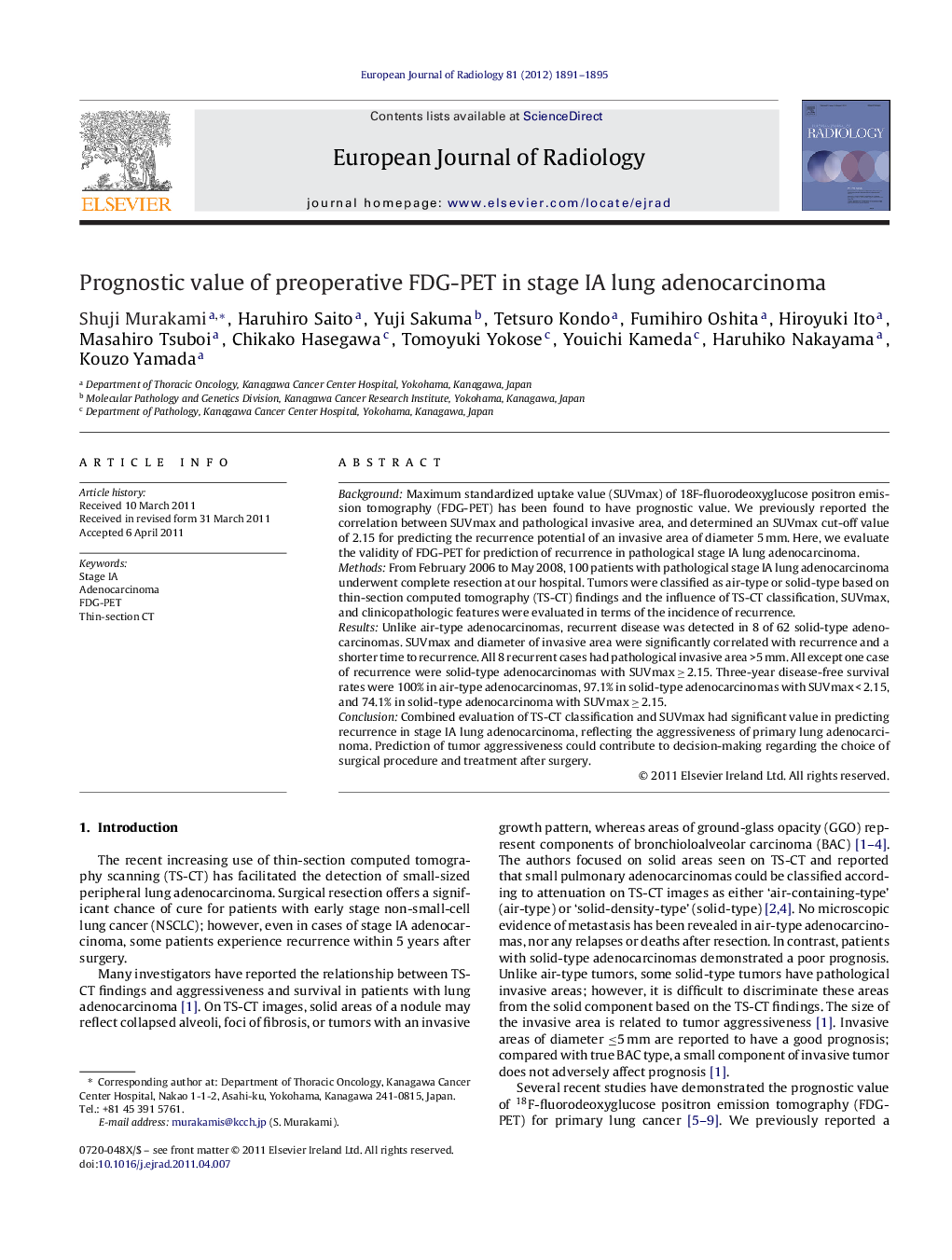 Prognostic value of preoperative FDG-PET in stage IA lung adenocarcinoma