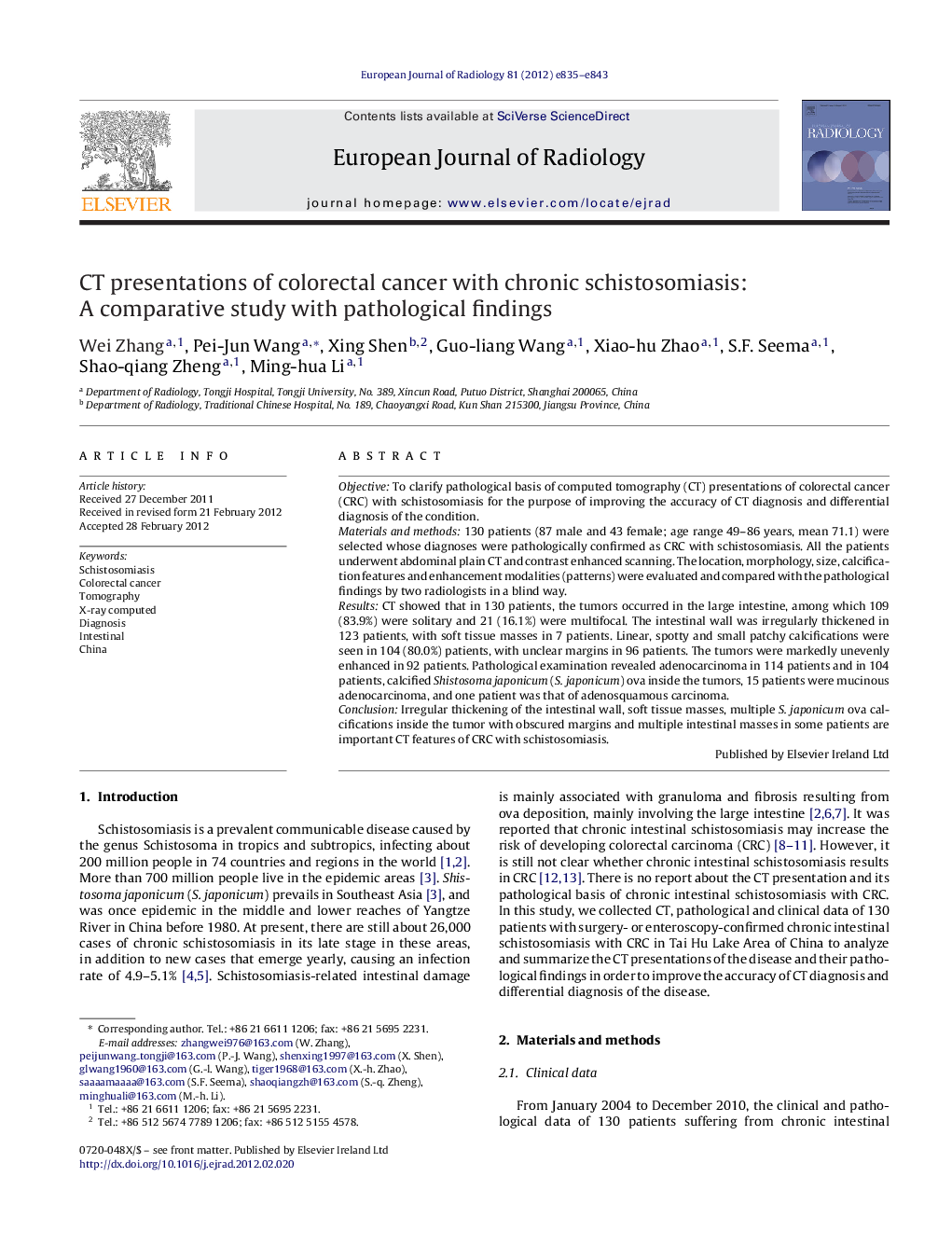 CT presentations of colorectal cancer with chronic schistosomiasis: A comparative study with pathological findings