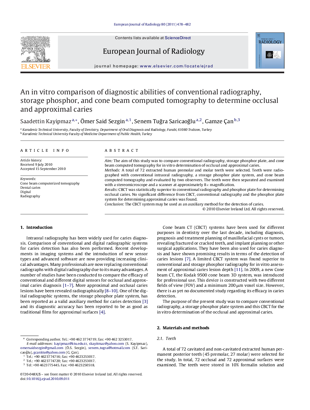 An in vitro comparison of diagnostic abilities of conventional radiography, storage phosphor, and cone beam computed tomography to determine occlusal and approximal caries