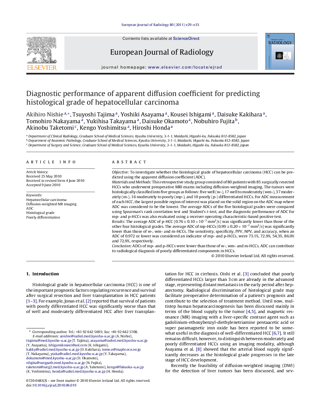 Diagnostic performance of apparent diffusion coefficient for predicting histological grade of hepatocellular carcinoma