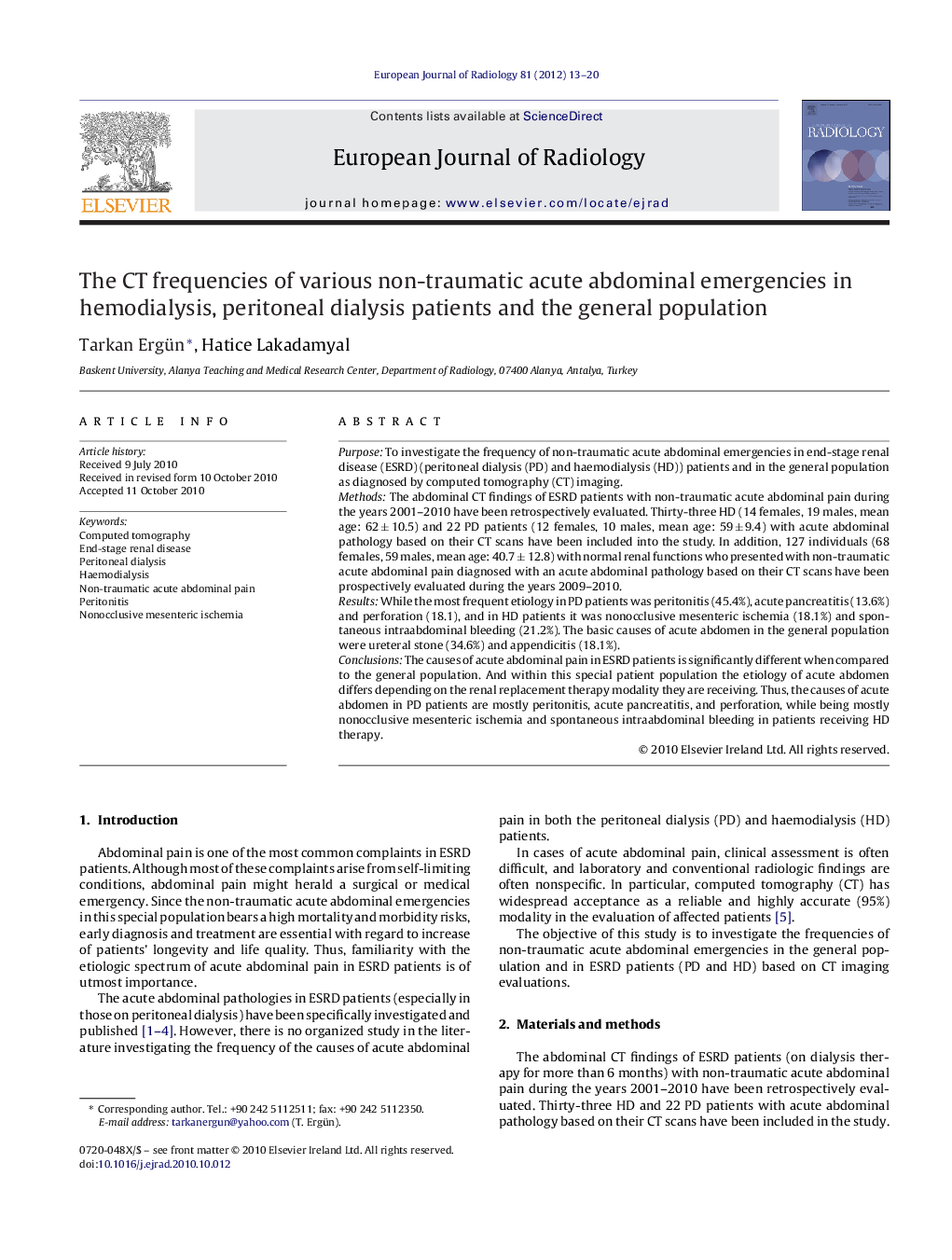 The CT frequencies of various non-traumatic acute abdominal emergencies in hemodialysis, peritoneal dialysis patients and the general population