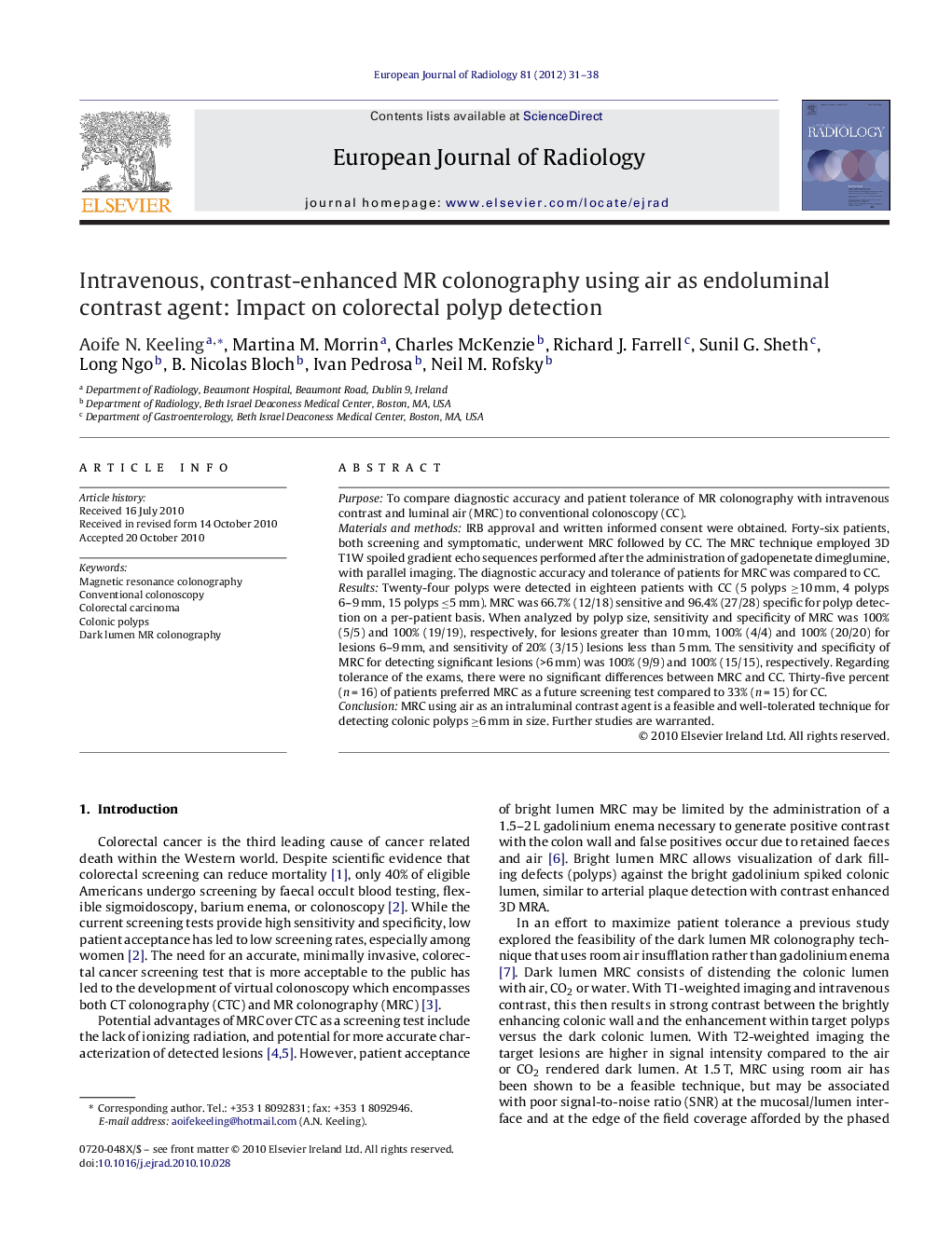 Intravenous, contrast-enhanced MR colonography using air as endoluminal contrast agent: Impact on colorectal polyp detection