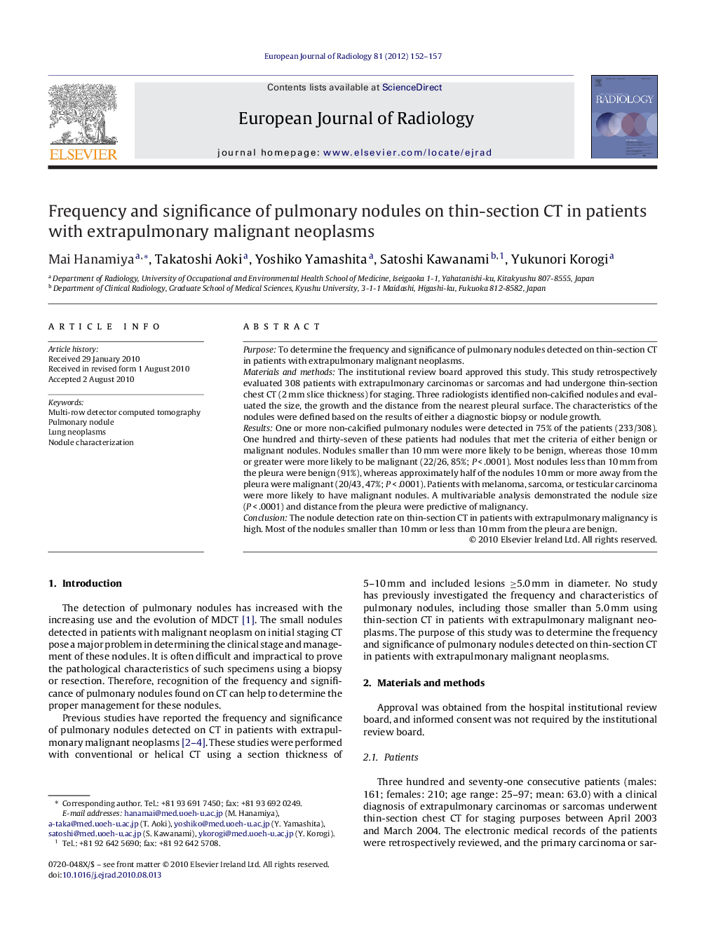 Frequency and significance of pulmonary nodules on thin-section CT in patients with extrapulmonary malignant neoplasms