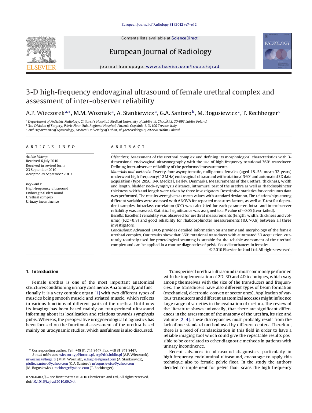 3-D high-frequency endovaginal ultrasound of female urethral complex and assessment of inter-observer reliability