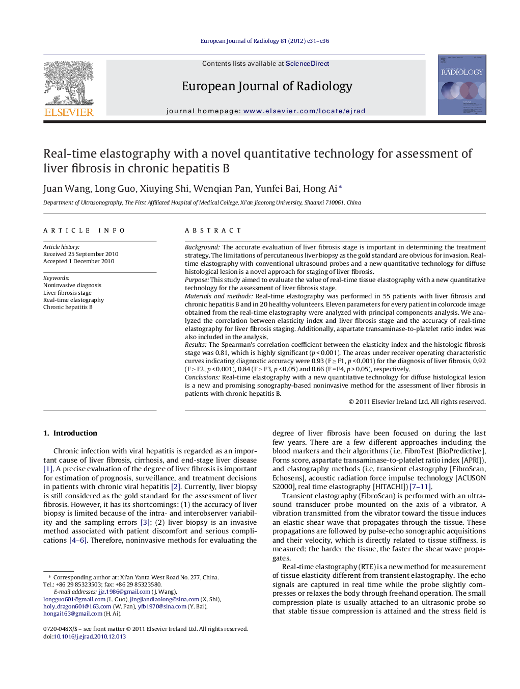 Real-time elastography with a novel quantitative technology for assessment of liver fibrosis in chronic hepatitis B