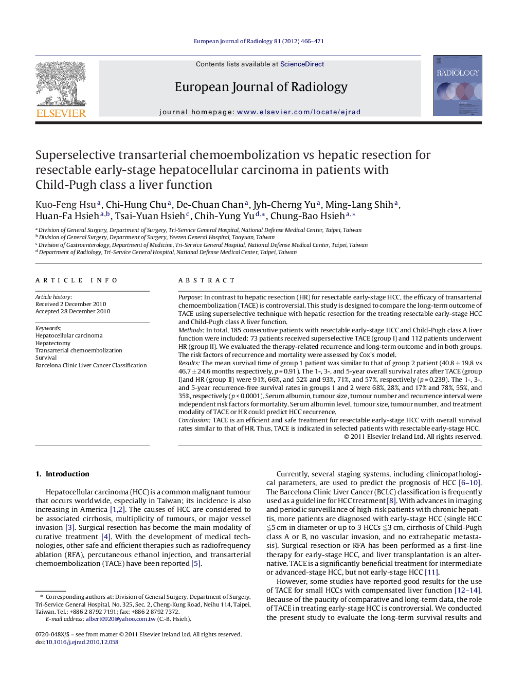 Superselective transarterial chemoembolization vs hepatic resection for resectable early-stage hepatocellular carcinoma in patients with Child-Pugh class a liver function