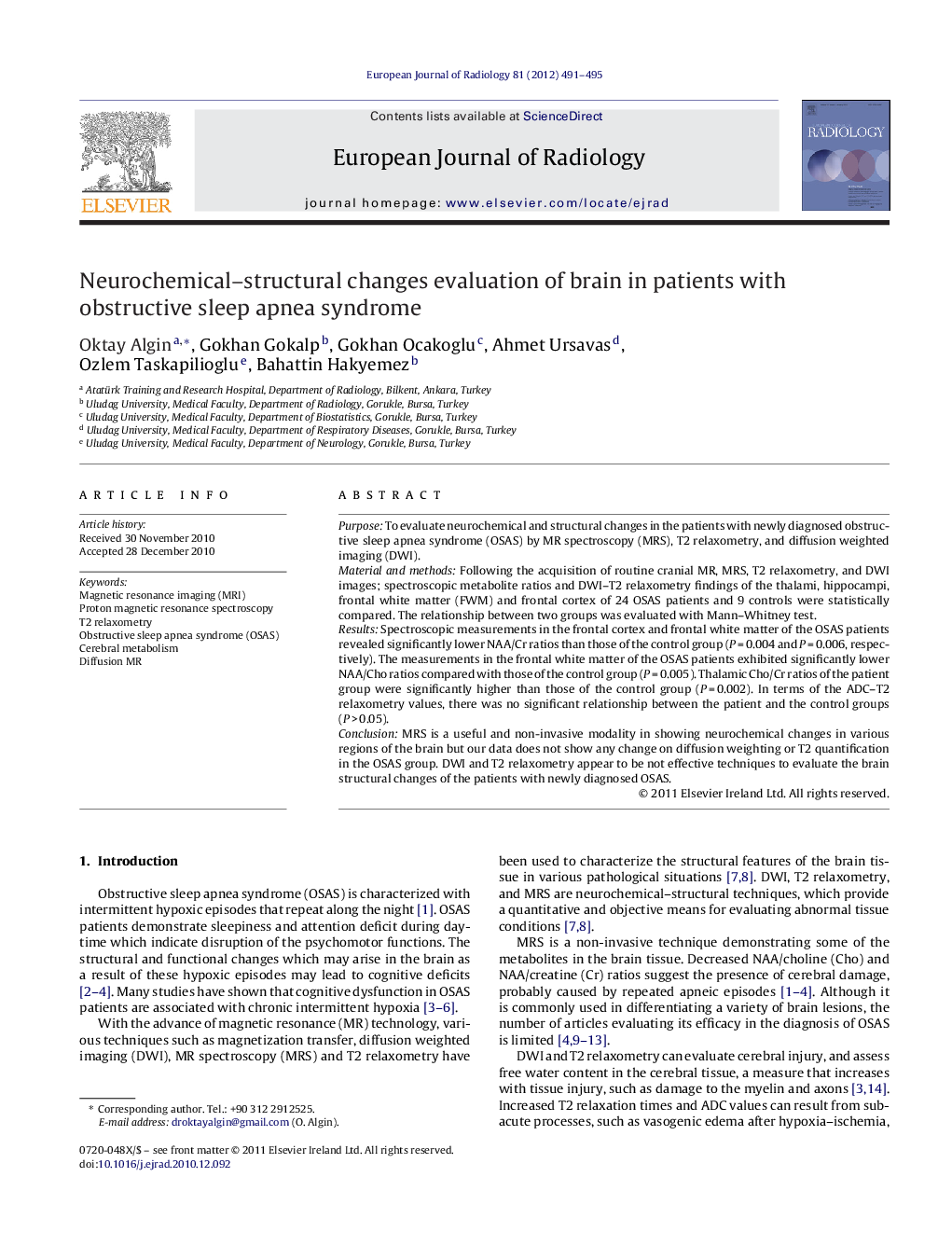 Neurochemical–structural changes evaluation of brain in patients with obstructive sleep apnea syndrome