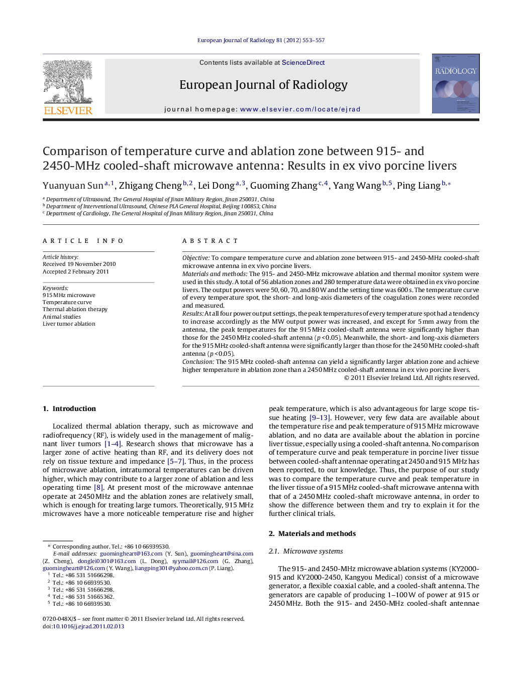 Comparison of temperature curve and ablation zone between 915- and 2450-MHz cooled-shaft microwave antenna: Results in ex vivo porcine livers