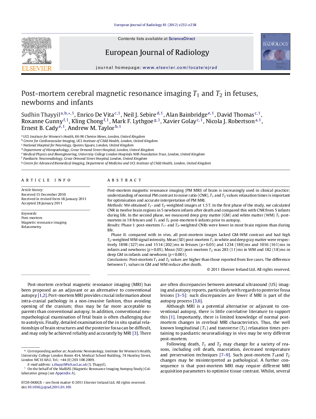 Post-mortem cerebral magnetic resonance imaging T1 and T2 in fetuses, newborns and infants