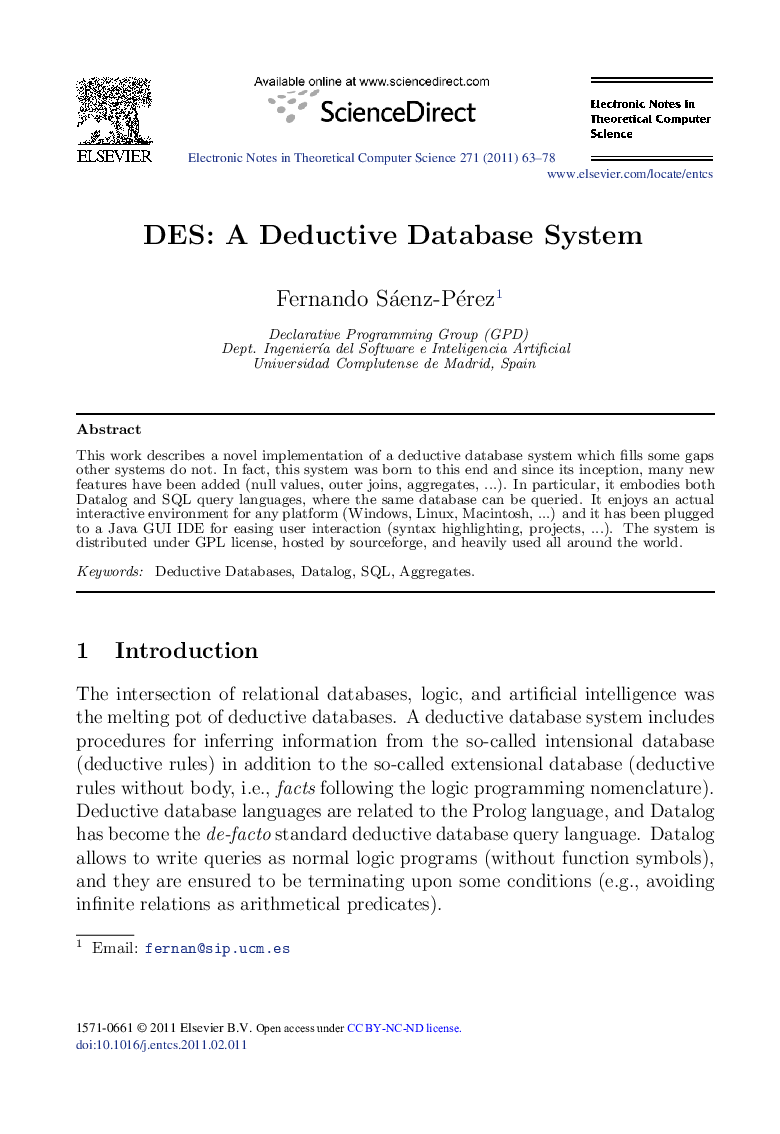 DES: A Deductive Database System