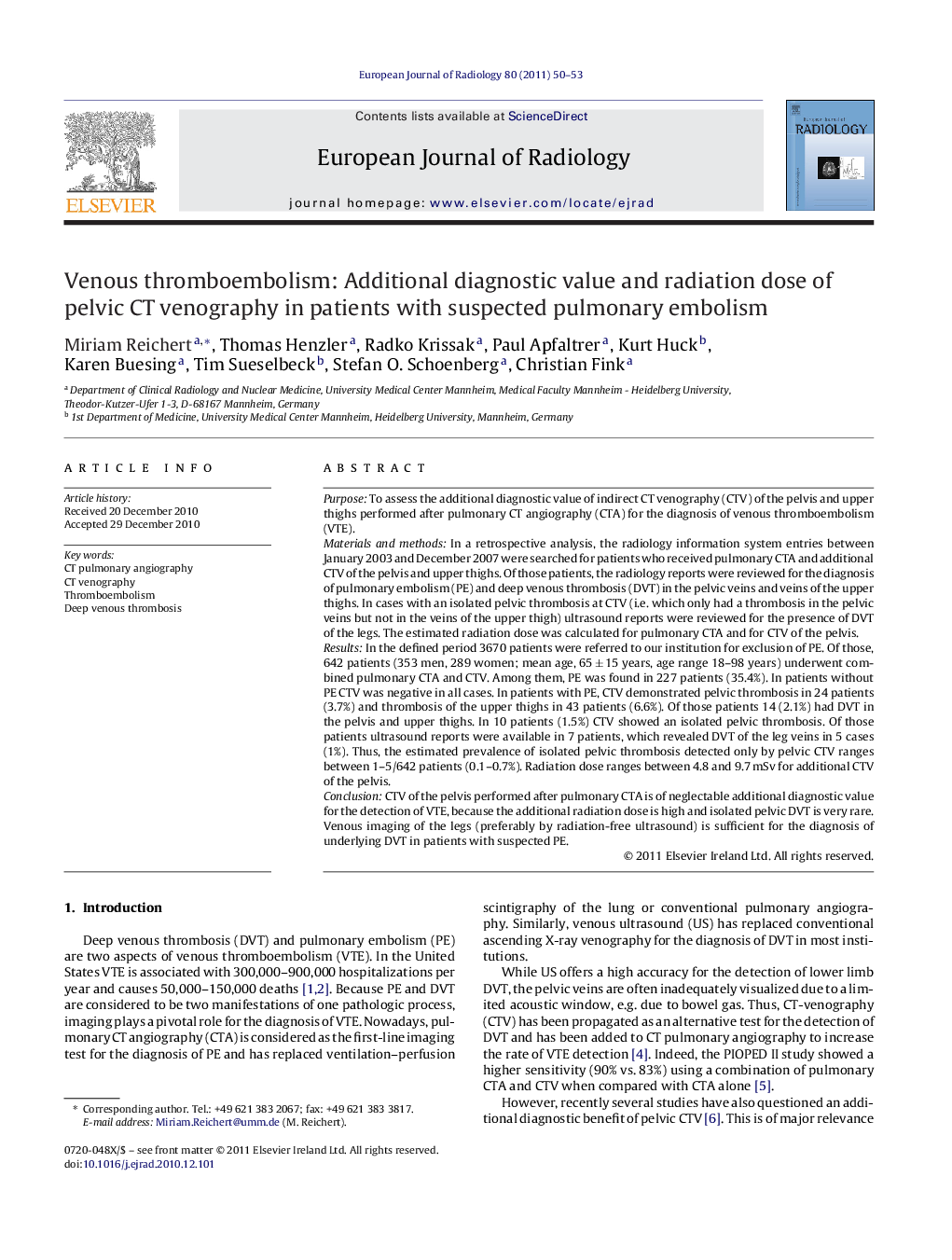 Venous thromboembolism: Additional diagnostic value and radiation dose of pelvic CT venography in patients with suspected pulmonary embolism