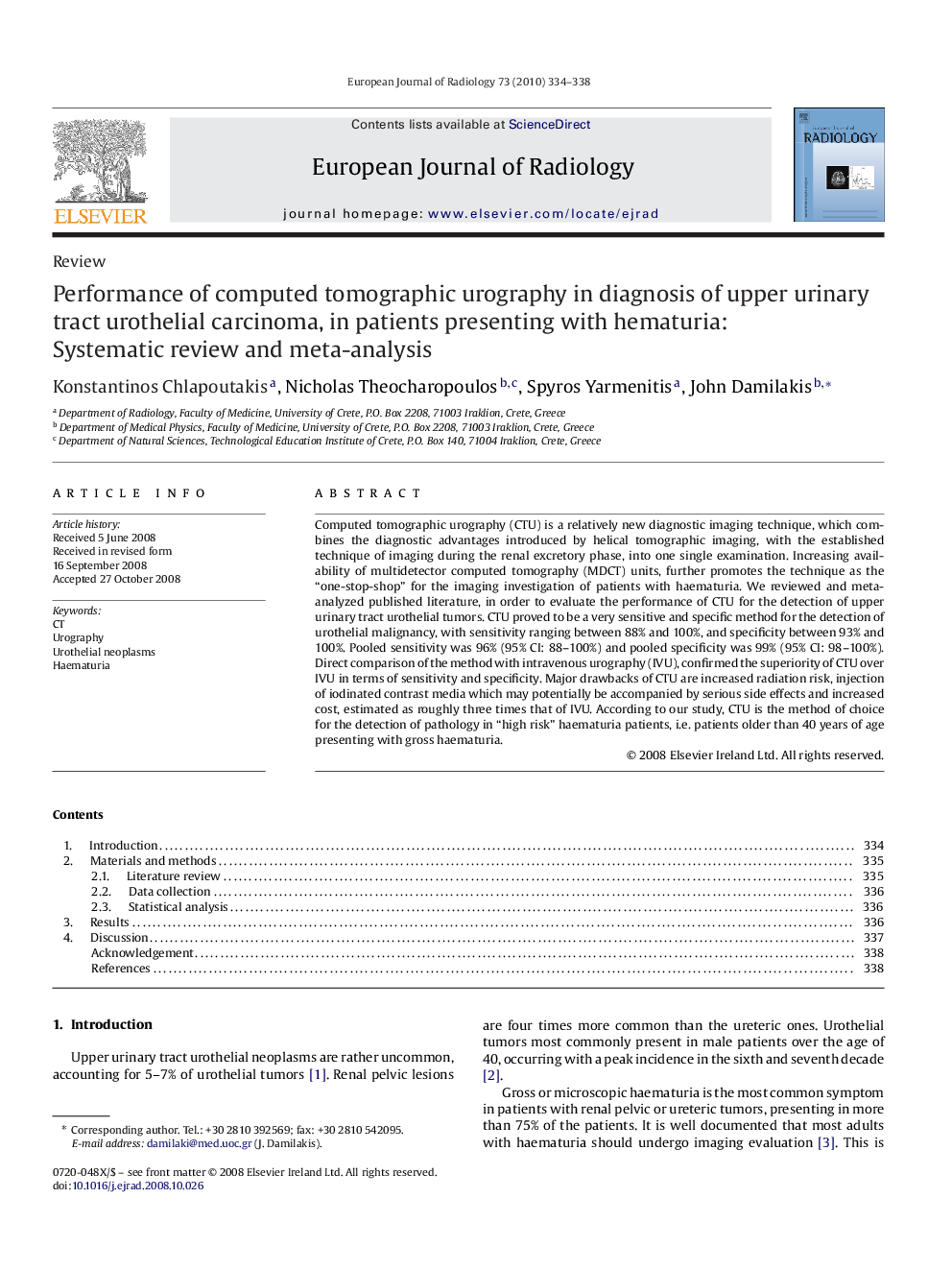 Performance of computed tomographic urography in diagnosis of upper urinary tract urothelial carcinoma, in patients presenting with hematuria: Systematic review and meta-analysis