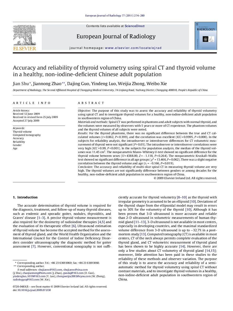 Accuracy and reliability of thyroid volumetry using spiral CT and thyroid volume in a healthy, non-iodine-deficient Chinese adult population