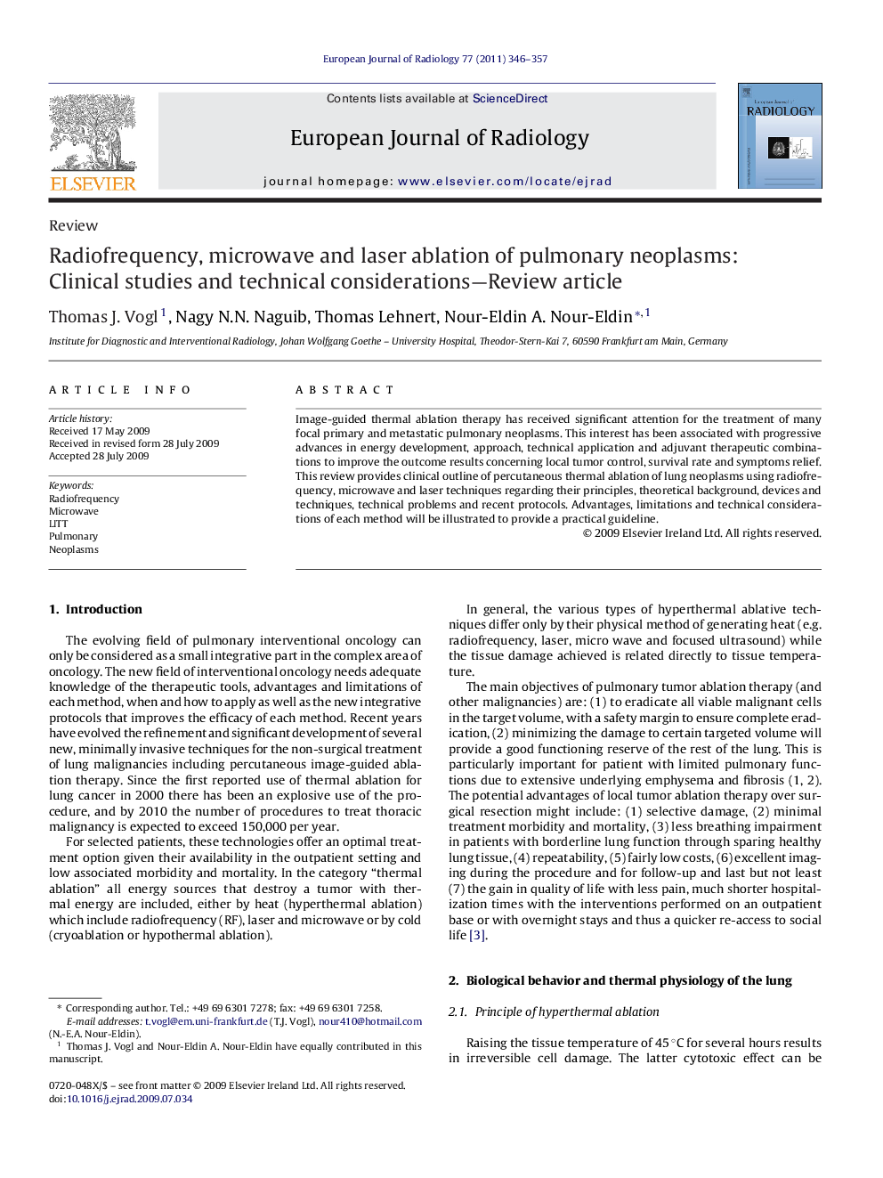 Radiofrequency, microwave and laser ablation of pulmonary neoplasms: Clinical studies and technical considerations—Review article