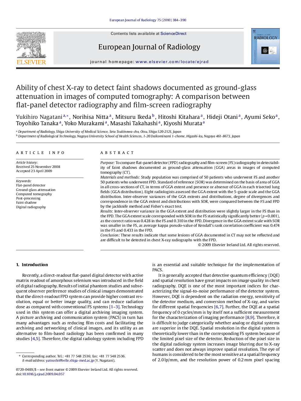 عکس صفحه اول مقاله: Ability of chest X-ray to detect faint shadows documented as ground-glass attenuation in images of computed tomography: A comparison between flat-panel detector radiography and film-screen radiography Ability of chest X-ray to detect faint shadows documented as ground-glass attenuation in images of computed tomography: A comparison between flat-panel detector radiography and film-screen radiography