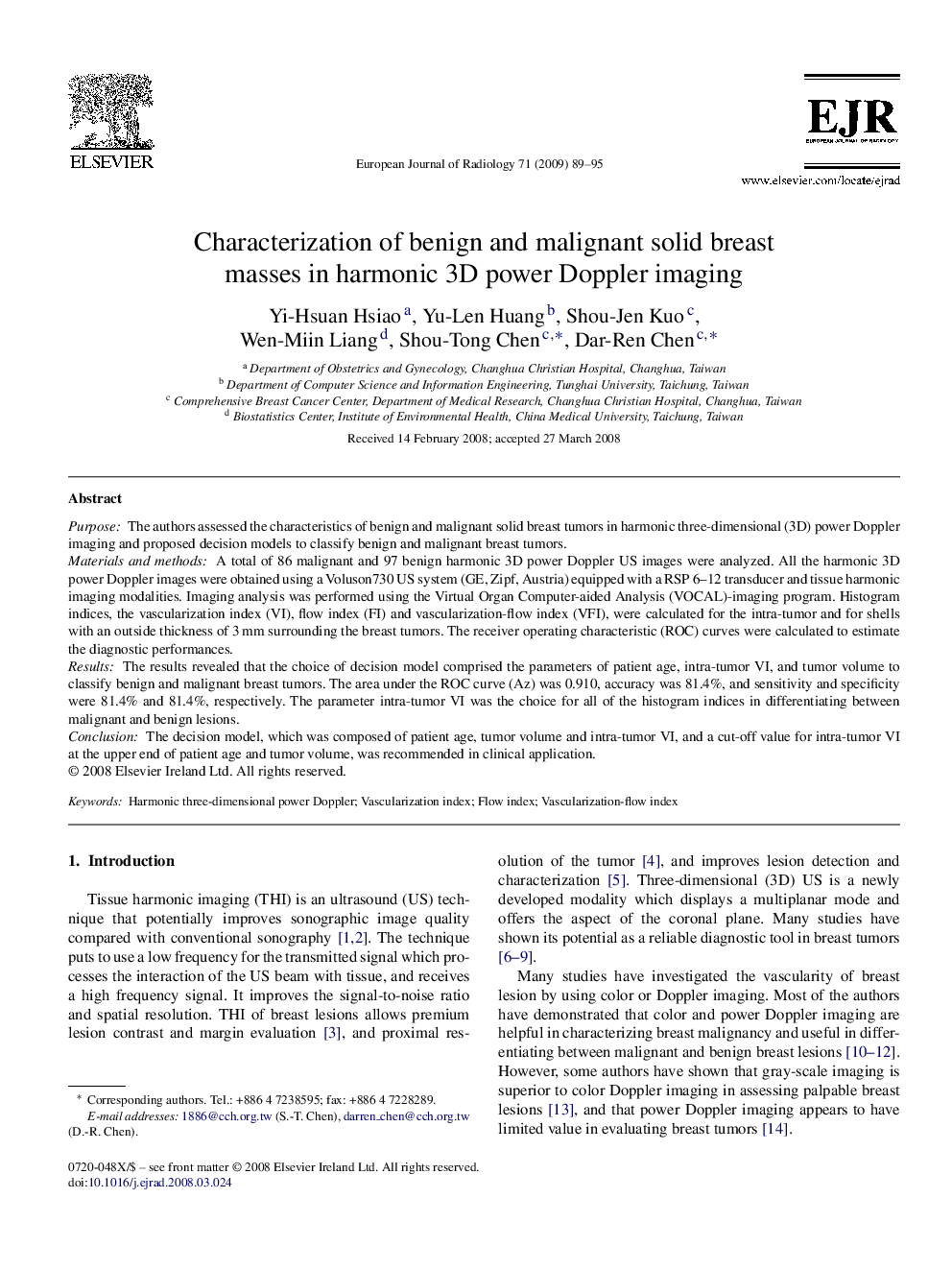 Characterization of benign and malignant solid breast masses in harmonic 3D power Doppler imaging