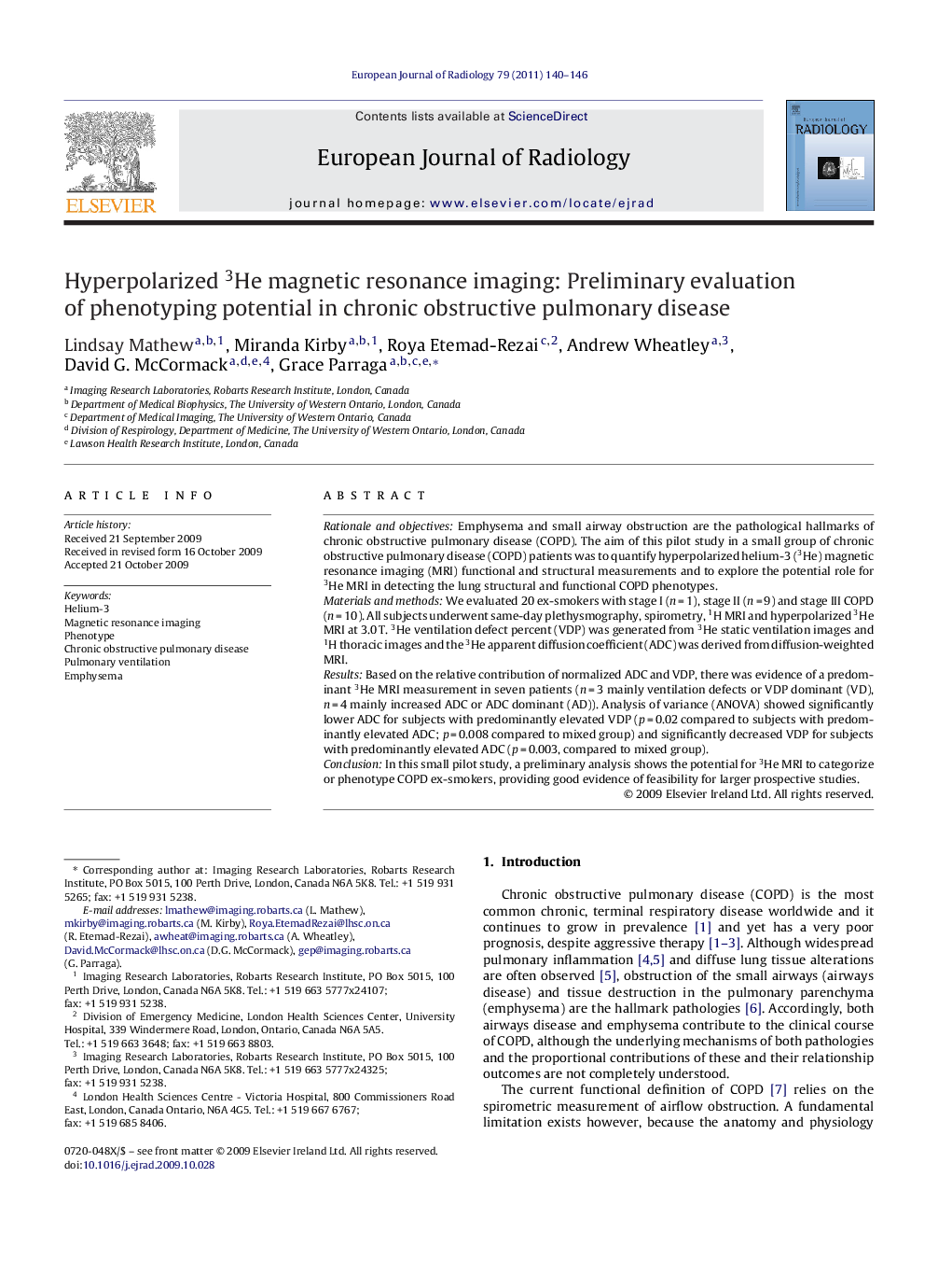 Hyperpolarized 3He magnetic resonance imaging: Preliminary evaluation of phenotyping potential in chronic obstructive pulmonary disease