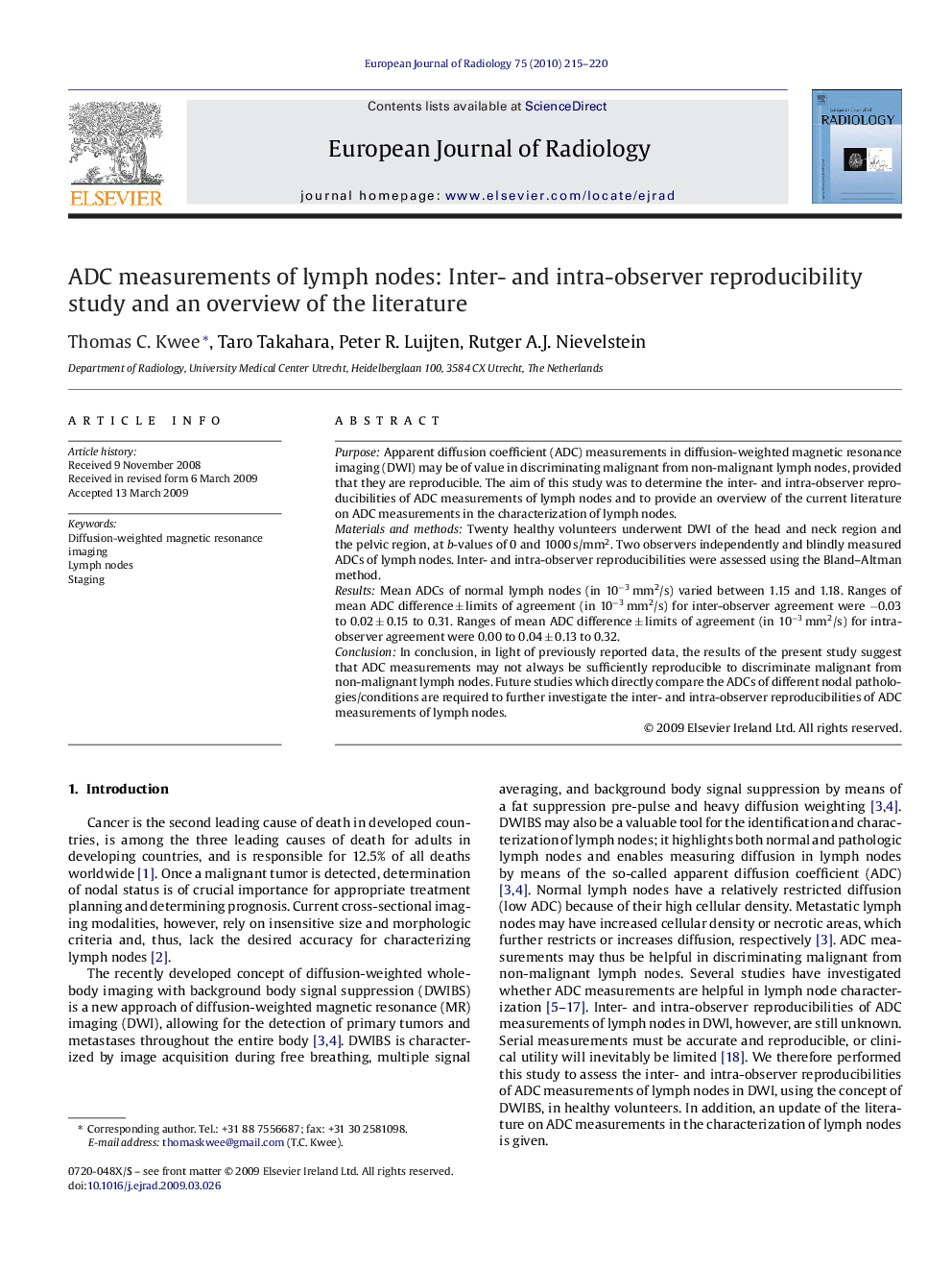 ADC measurements of lymph nodes: Inter- and intra-observer reproducibility study and an overview of the literature