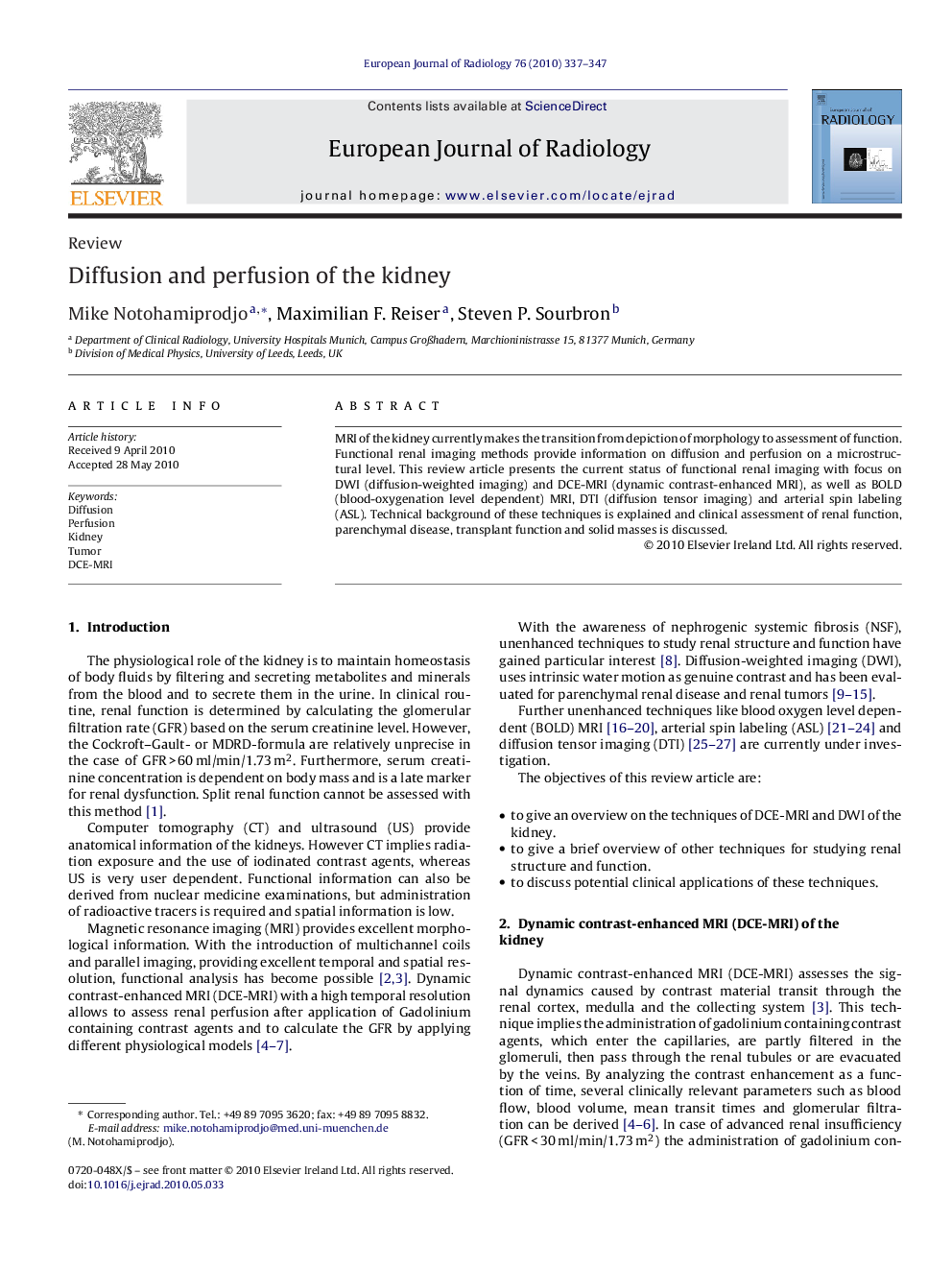 Diffusion and perfusion of the kidney