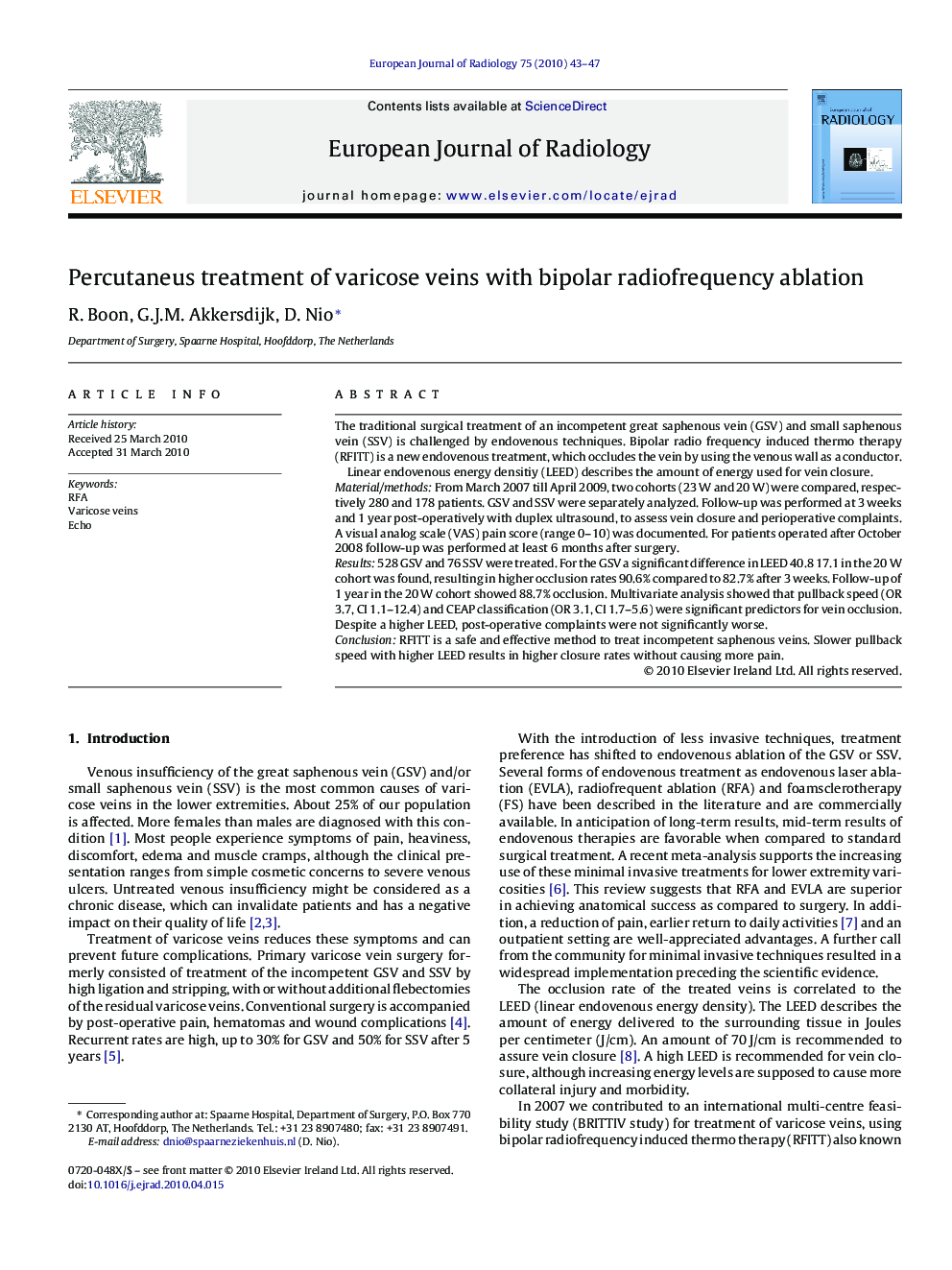 Percutaneus treatment of varicose veins with bipolar radiofrequency ablation