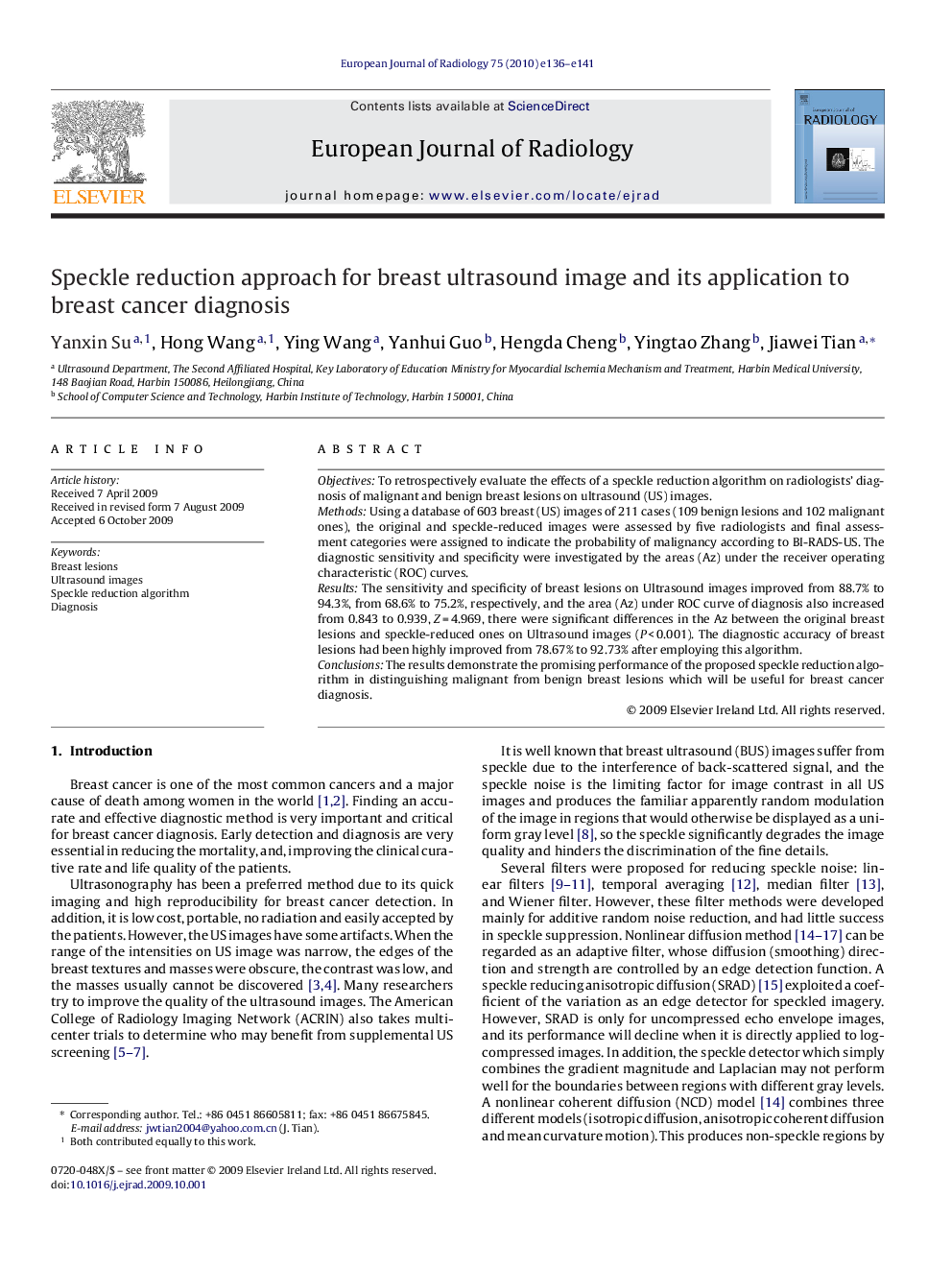 Speckle reduction approach for breast ultrasound image and its application to breast cancer diagnosis