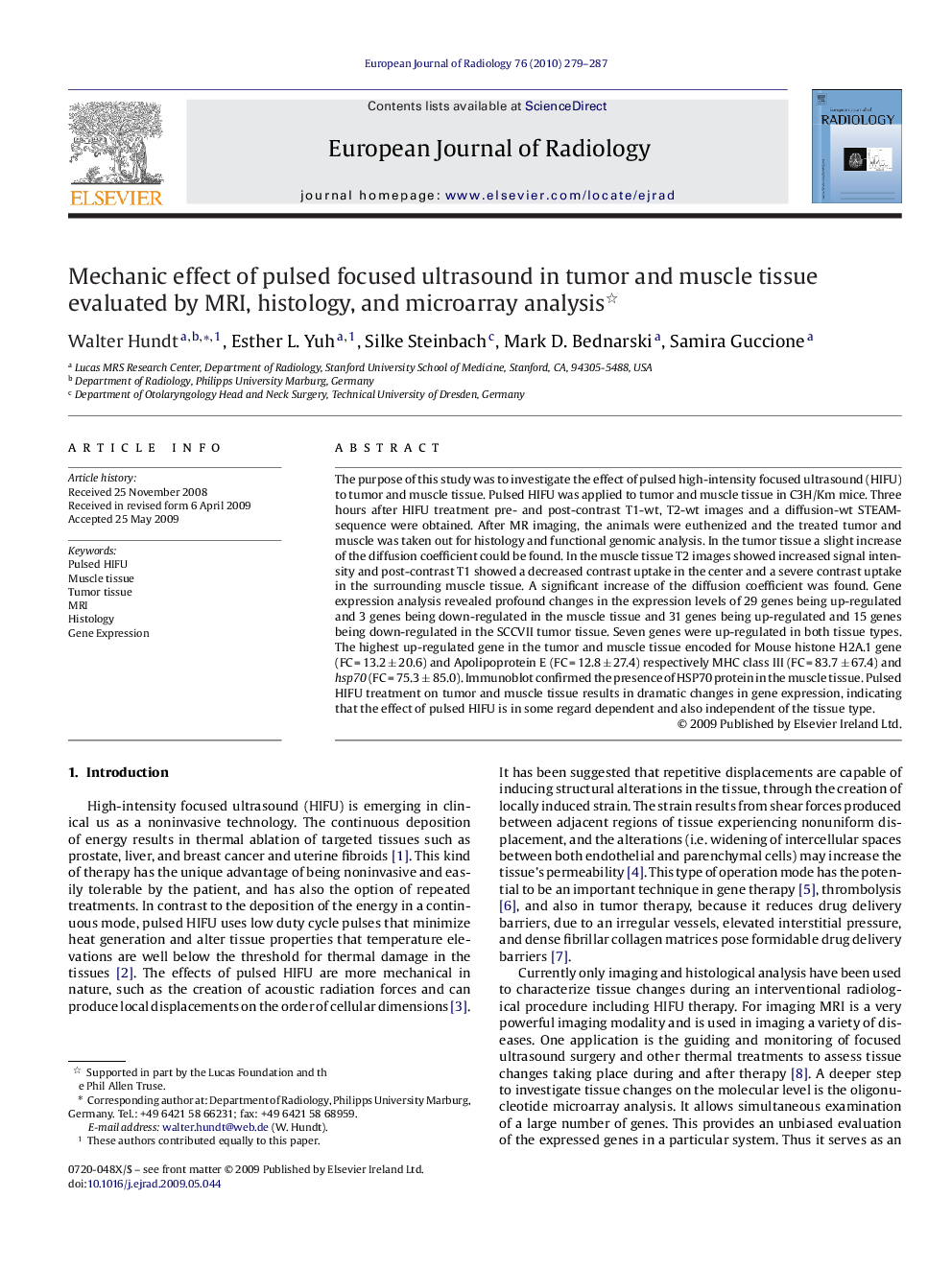 Mechanic effect of pulsed focused ultrasound in tumor and muscle tissue evaluated by MRI, histology, and microarray analysis 