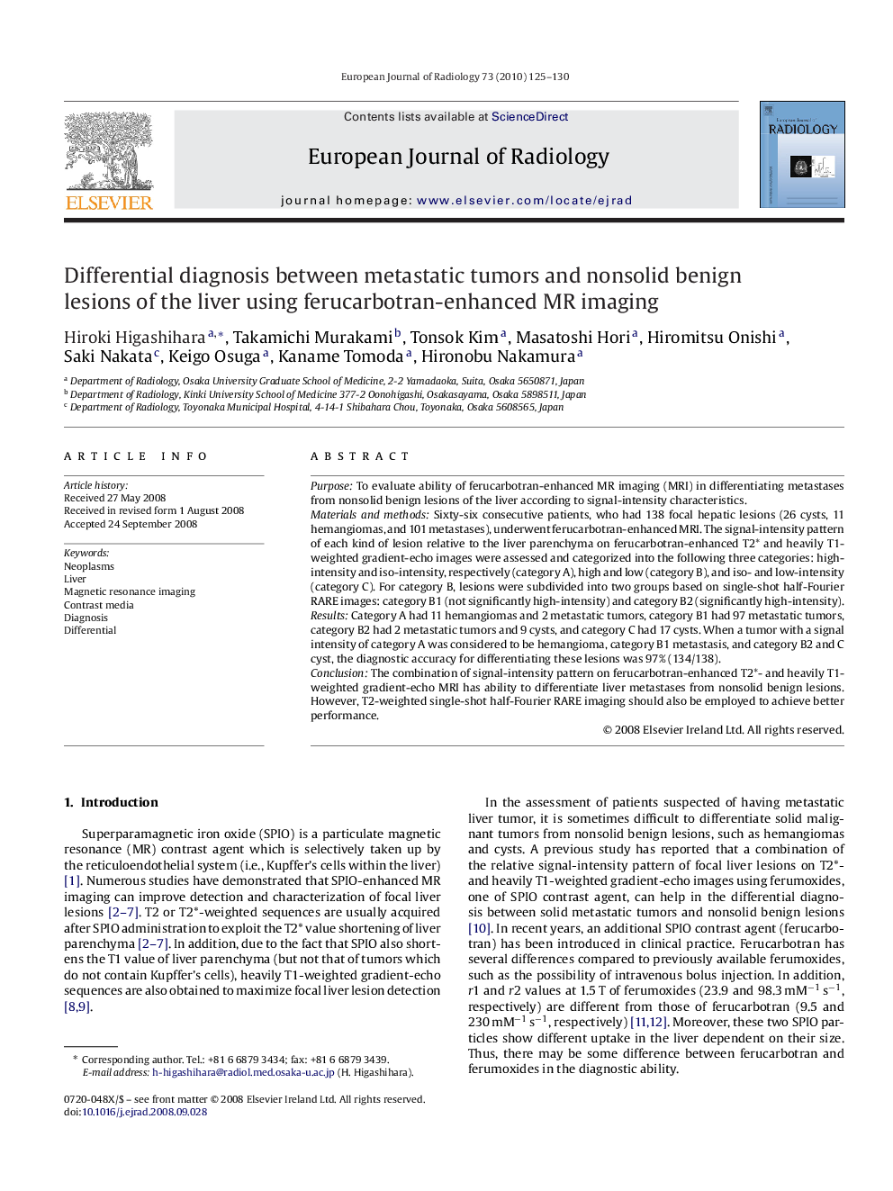 Differential diagnosis between metastatic tumors and nonsolid benign lesions of the liver using ferucarbotran-enhanced MR imaging