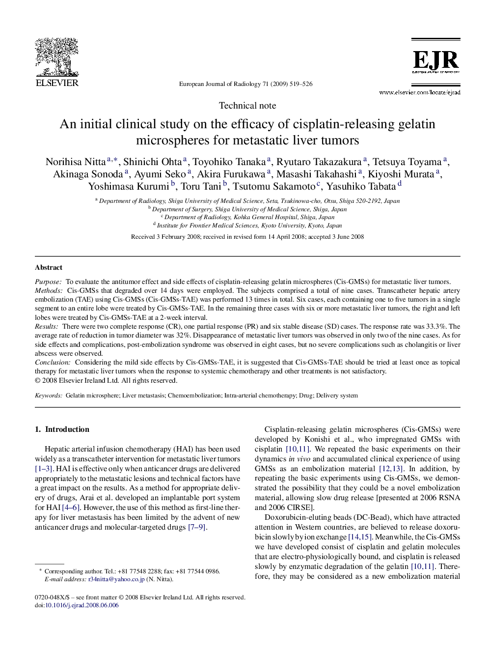 An initial clinical study on the efficacy of cisplatin-releasing gelatin microspheres for metastatic liver tumors