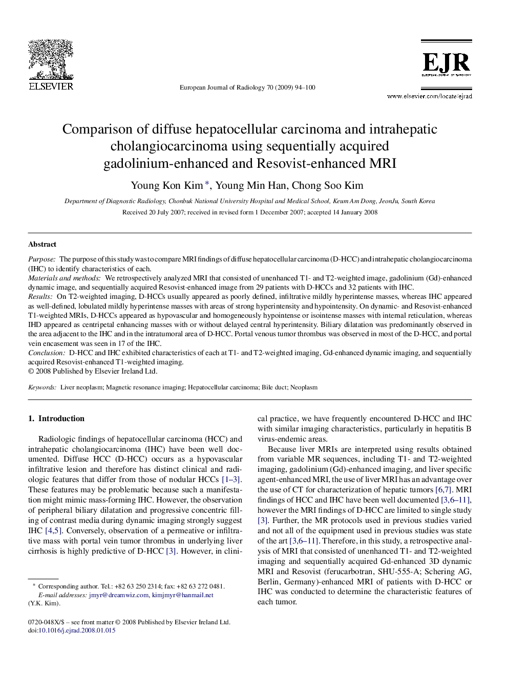 Comparison of diffuse hepatocellular carcinoma and intrahepatic cholangiocarcinoma using sequentially acquired gadolinium-enhanced and Resovist-enhanced MRI