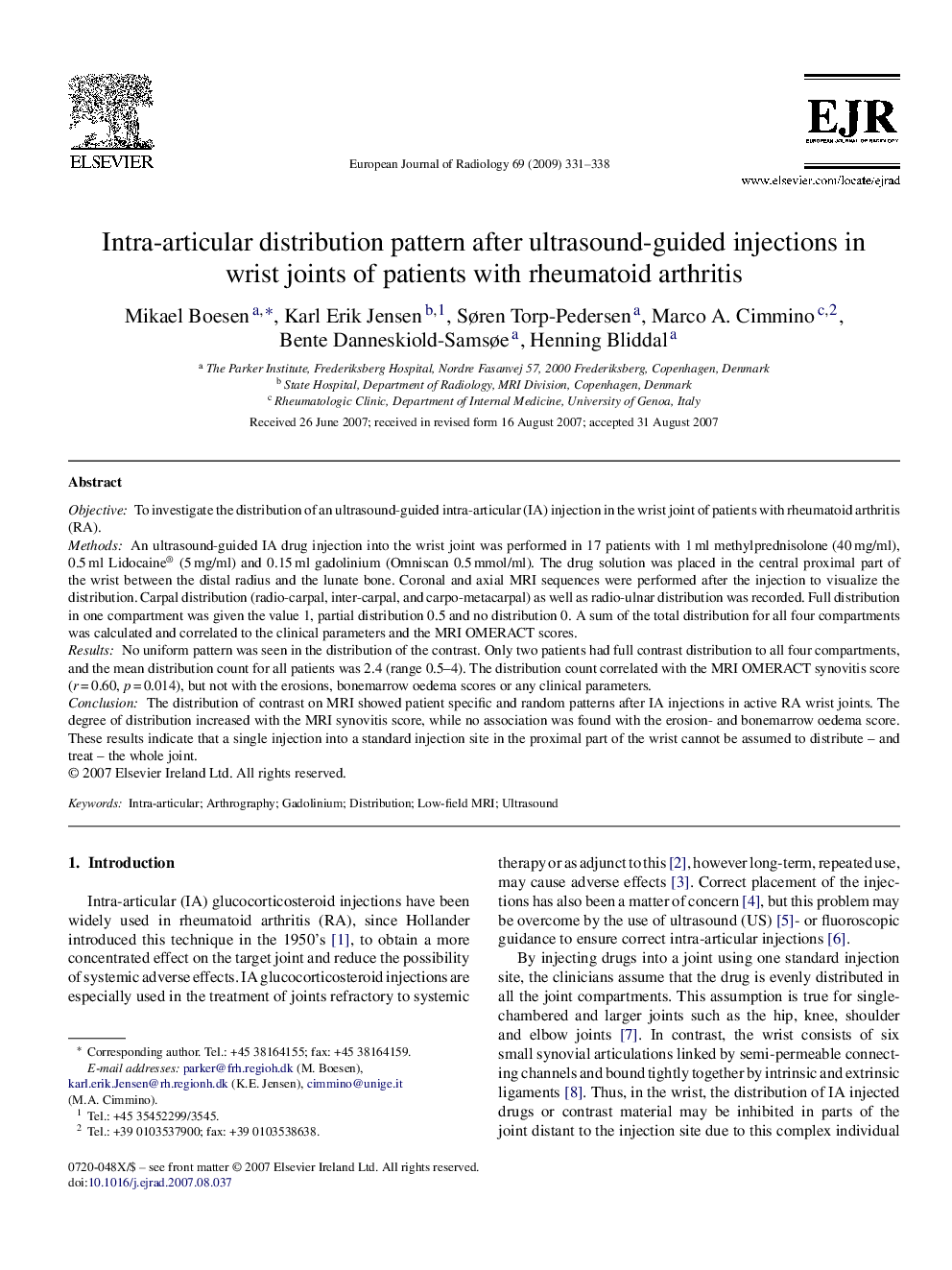 Intra-articular distribution pattern after ultrasound-guided injections in wrist joints of patients with rheumatoid arthritis