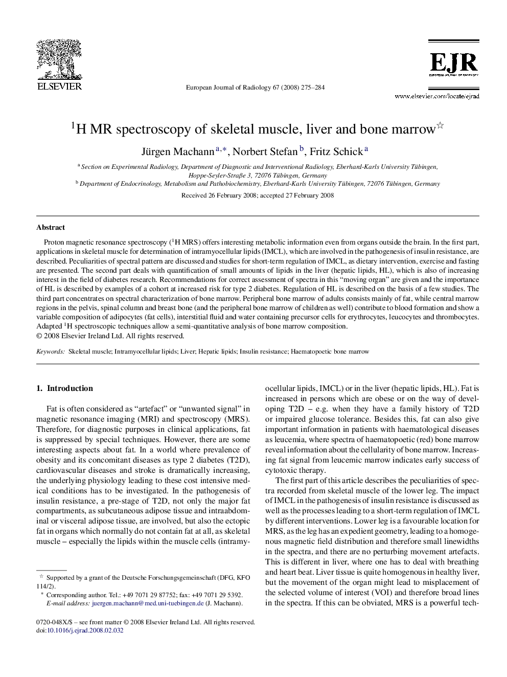 1H MR spectroscopy of skeletal muscle, liver and bone marrow 