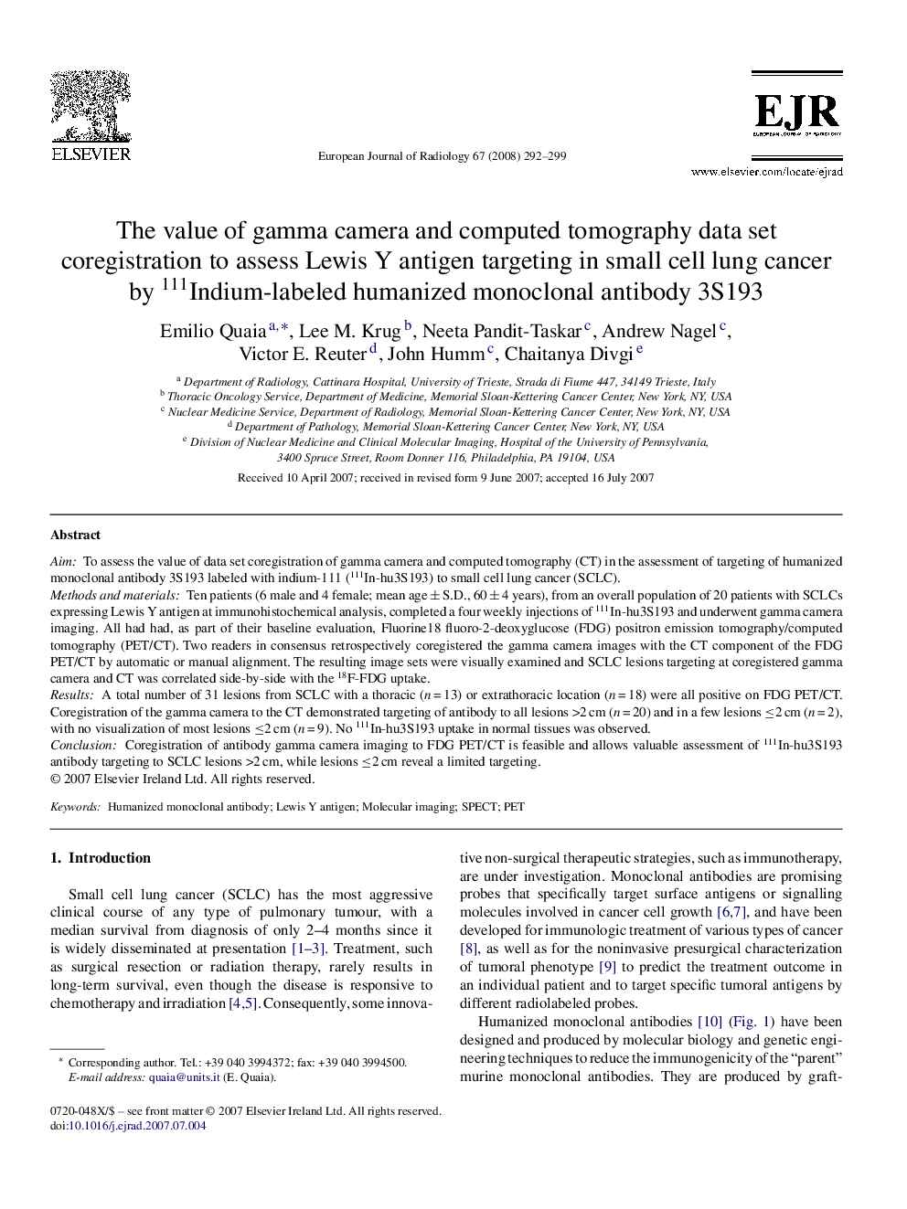 The value of gamma camera and computed tomography data set coregistration to assess Lewis Y antigen targeting in small cell lung cancer by 111Indium-labeled humanized monoclonal antibody 3S193