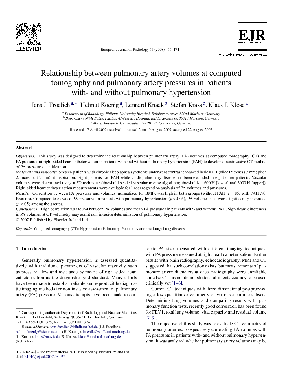 Relationship between pulmonary artery volumes at computed tomography and pulmonary artery pressures in patients with- and without pulmonary hypertension