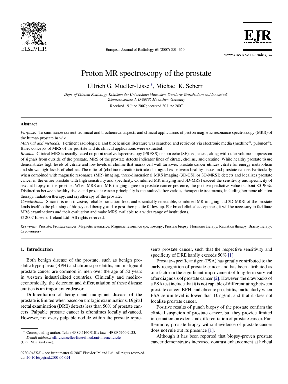 Proton MR spectroscopy of the prostate