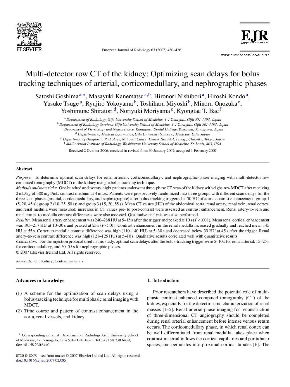 Multi-detector row CT of the kidney: Optimizing scan delays for bolus tracking techniques of arterial, corticomedullary, and nephrographic phases